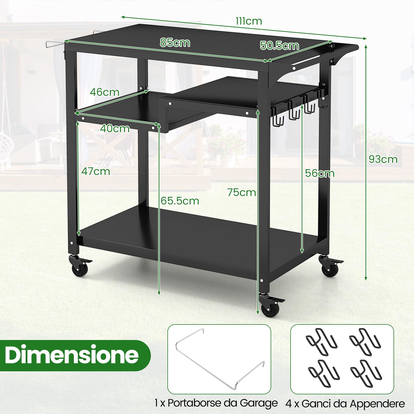 GYMAX Carrello da Barbecue per Esterno, Carrello BBQ Mobile con Ripiani, Ganci, Tavolo Multifunzionale con Ruote Bloccabili e Maniglia Laterale