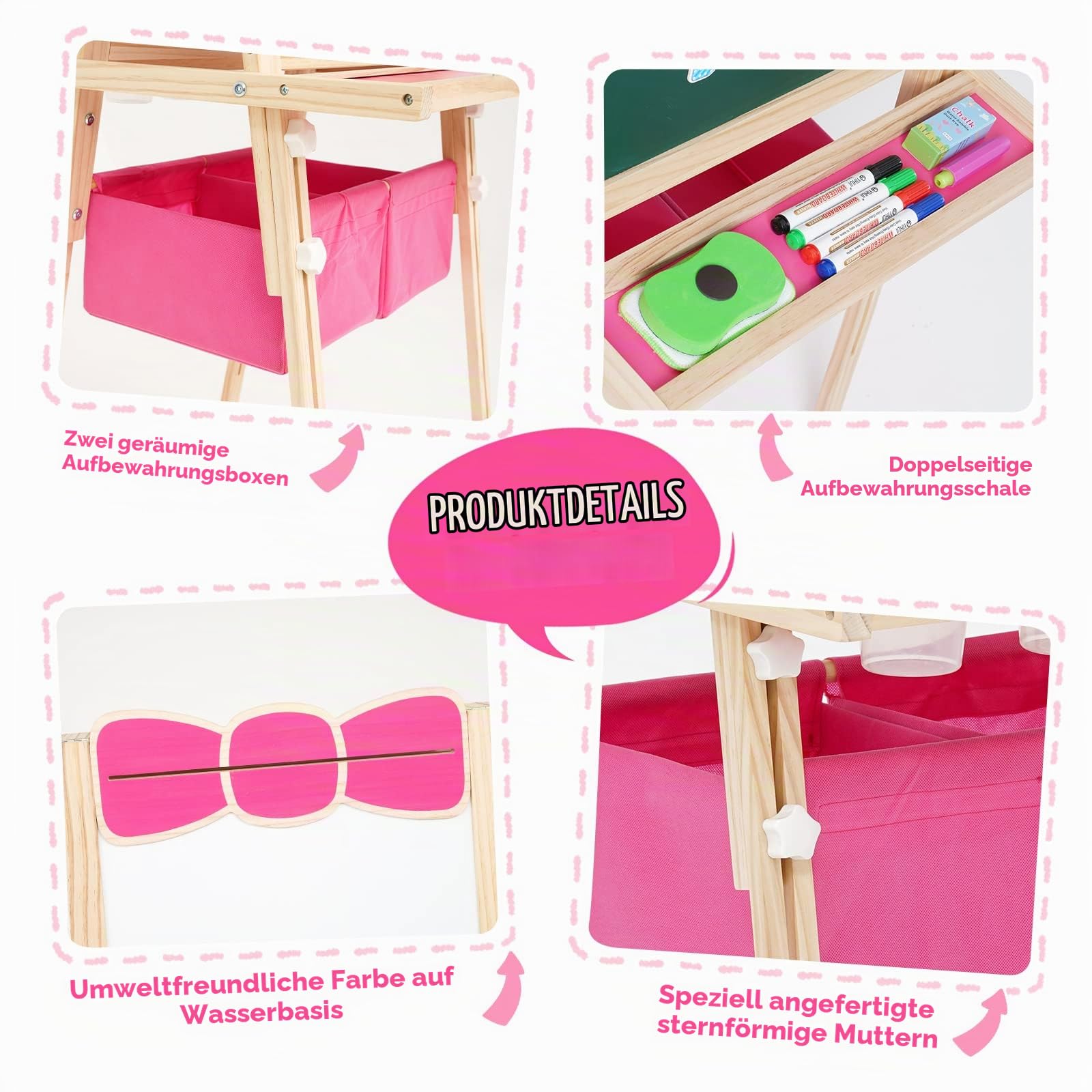 Kinderstaffelei aus Holz, Staffelei Kinder ab 3 Jahren. Kindertafel Höhenverstellbar mit Papierrolle, Kreidetafel, Whiteboard, Malset und Aufbewahrungstasche. Standtafel Kinder Rosa