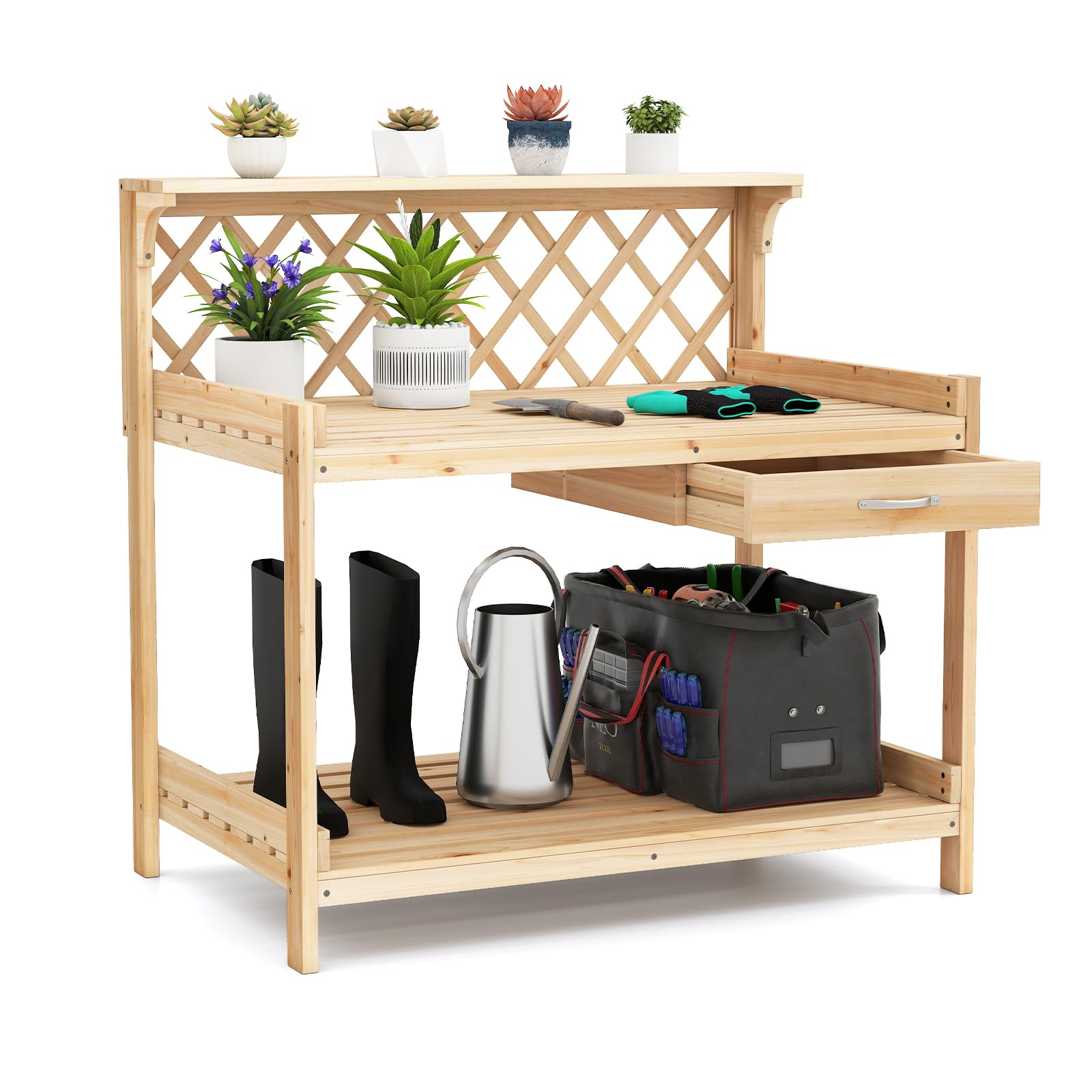 COSTWAY Pflanztisch mit Rankgitter, Gärtnertisch Holz mit Arbeitsplatte, Schublade & 2 Ablagen, Garten Arbeitstisch Tannenholz, für Garten Balkon Terrasse, 90 x 59 x 88 cm, Natur