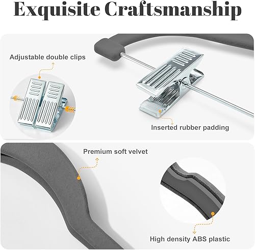Miniatura 4 de HOUSE DAY Perchas de terciopelo para faldas, paquete de 36 perchas de terciopelo gris con clips ajustables, colgador de fieltro delgado que ahorra
