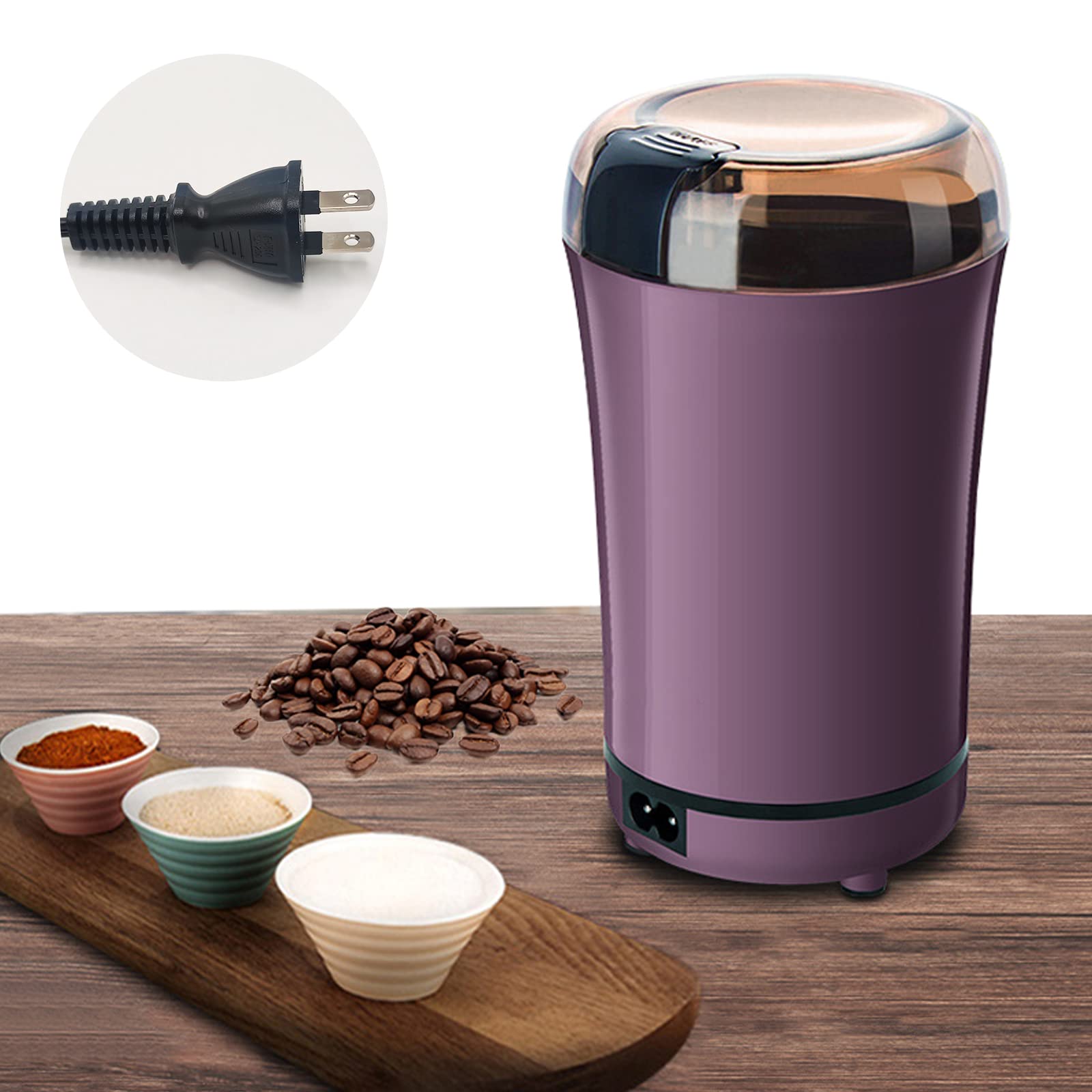 粉砕機 食品製粉機 微粉砕機 調味料挽き 粉ひき器 家庭用 小型ミル 150W 304ステンレス製 ワンタッチで自動挽き 掃除簡単 豆挽き 緑茶や胡椒などにも適用 挽き味いい 掃除用ブラシ(紫の)