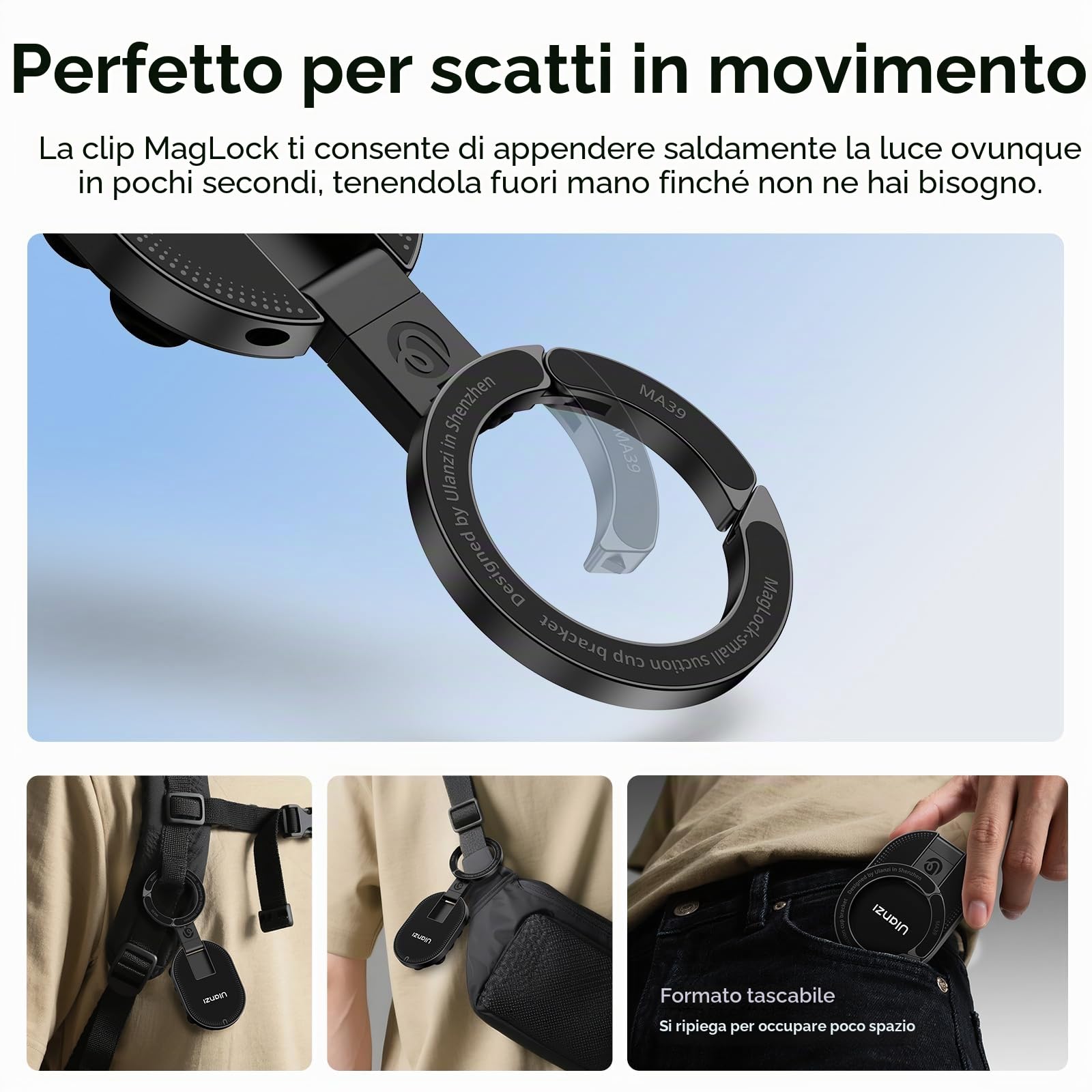 ULANZI MA39 Supporto magnetico a ventosa per telefono con moschettone maglock, Girevole a 360°in alluminio, Compatibile con iPhone 17/16/15/14/13/12, per TikTok, cucina, ufficio, video e selfie