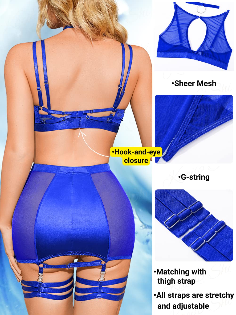 Kaei&Shi Garter Lingerie for Women, Strappy High Waisted Skirt G String 4 Piece Sexy Exotic Lingerie Outfits Set Boudoir: Royal Blue 16