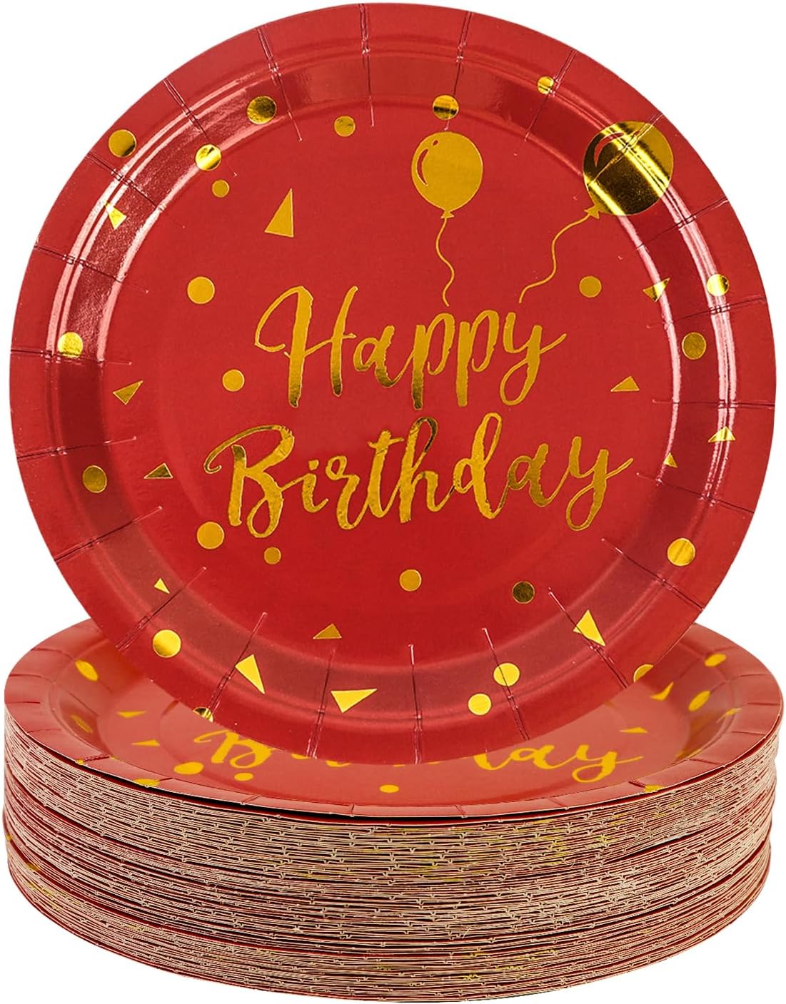 50PCS Happy Birthday Red and Gold Paper Plates, 9 inch Metallic Foil Polka Dots Disposable Dessert Party Plates Party Supplies for Graduation Birthday Cocktail Weddings Holiday