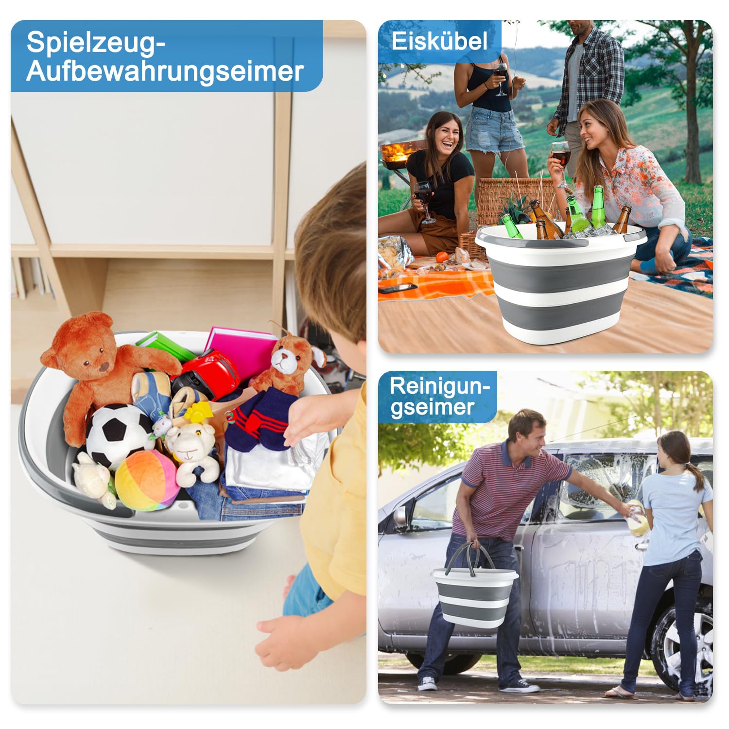 Wäschekorb faltbar mit Griff, 16 L Silikon-Falteimer, Faltbarer Eimer zusammenklappbar, Putzeimer zur Fensterreinigung, Waschschüssel für Auto, Camping, Garten, Haushalt und Wohnmobil
