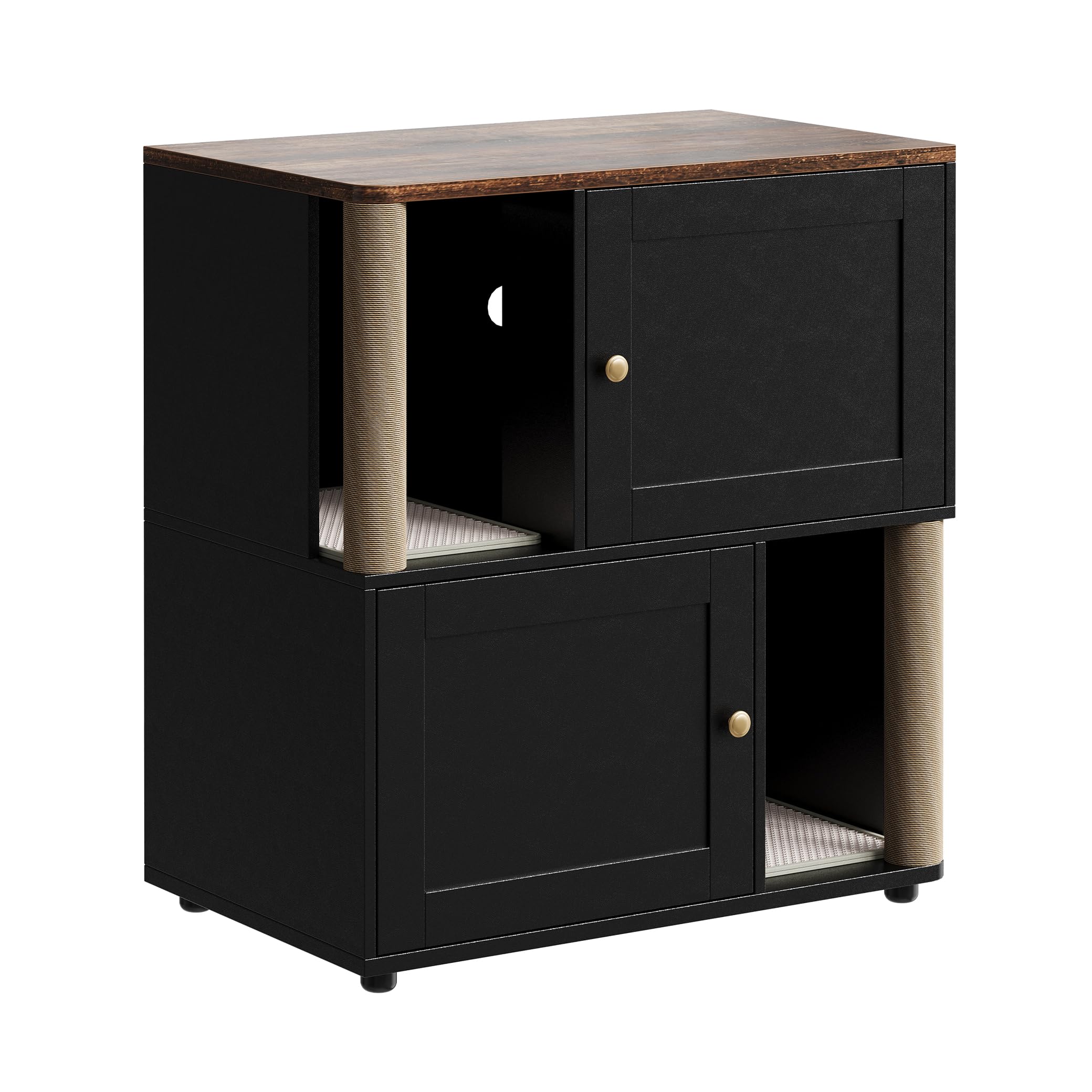 Garvee Armoire d’Angle Double pour litière de Chats – Meuble fermé à 2 Niveaux avec Tapis antidérapants et griffoir – Rangements hygiéniques pour Chats – Bois Noir Basique – Modèle Noir Basique