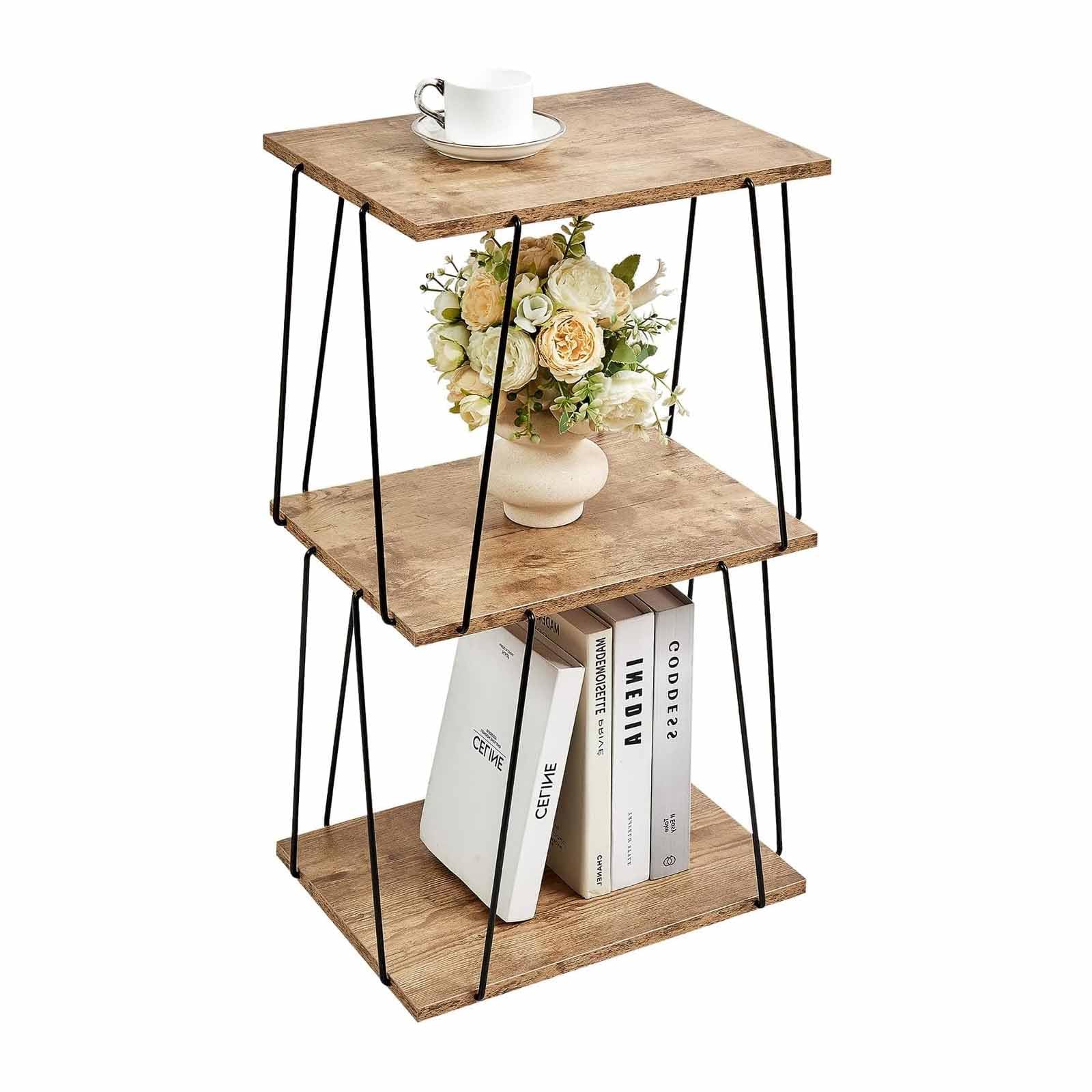 SXZenSpace Tall Side Table, Small End 29 Inch High Entryway 3-Tier Accent Table with Storage, Bedside for Living Room, Bedroom And Office, Greige & Black