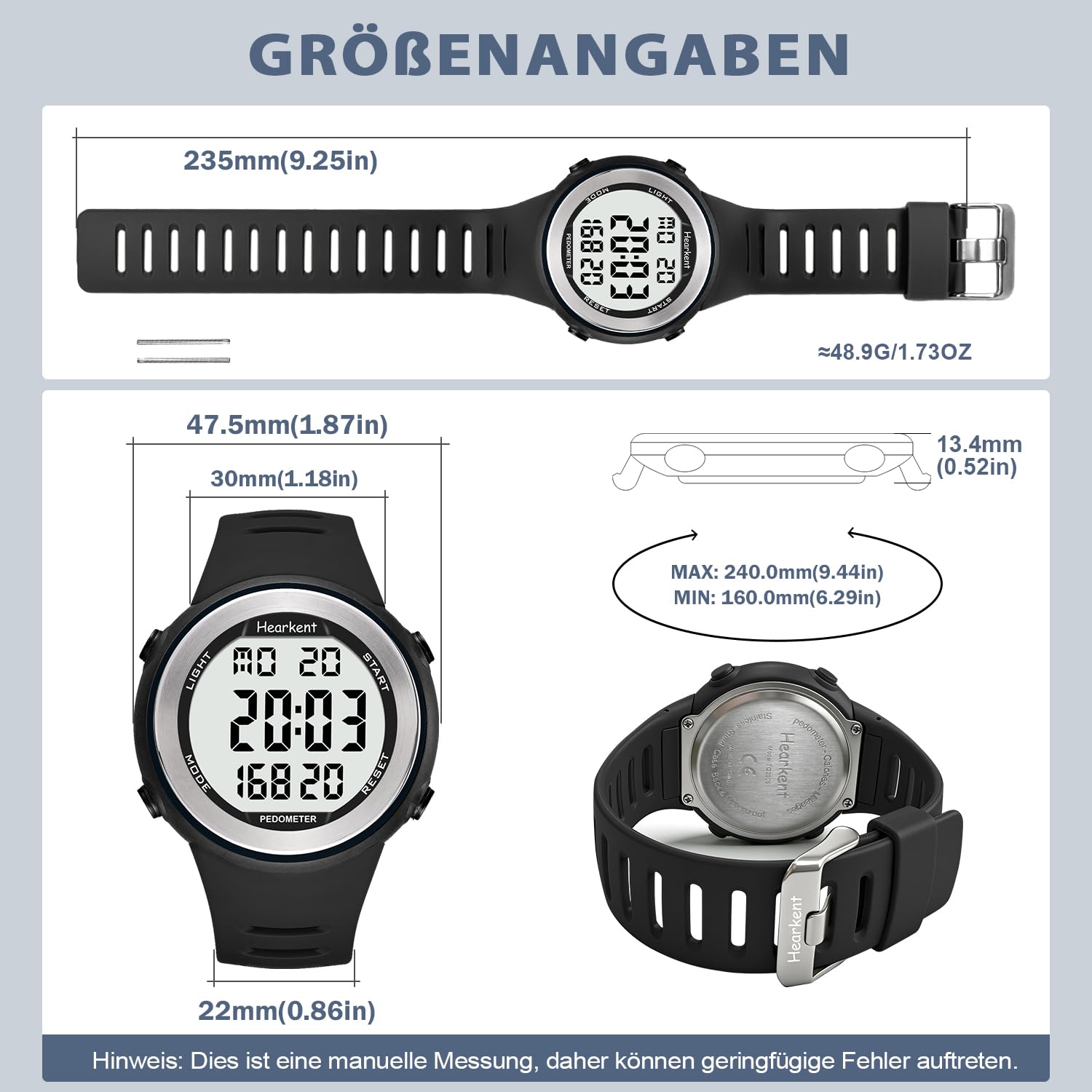 Hearkent wasserdichte Schrittzähler-Uhr für Senioren ohne Bluetooth, Keine App erforderlich, mit Schrittzähler, Kalorienzähler und großen LCD-Ziffern