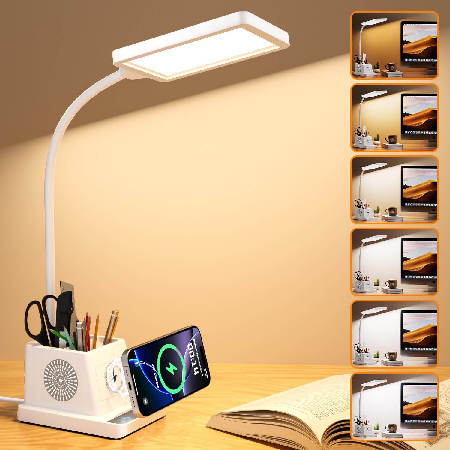 Lampe de Bureau LED 15W avec Charge Sans Fil, Col de Cygne à 360°, Lampe de Chevet Dimmable, 3 Modes de Couleur, 4 Niveaux de Luminosité, pour Bureaux/Chambres à Coucher/Résidences étudiantes (Blanc)
