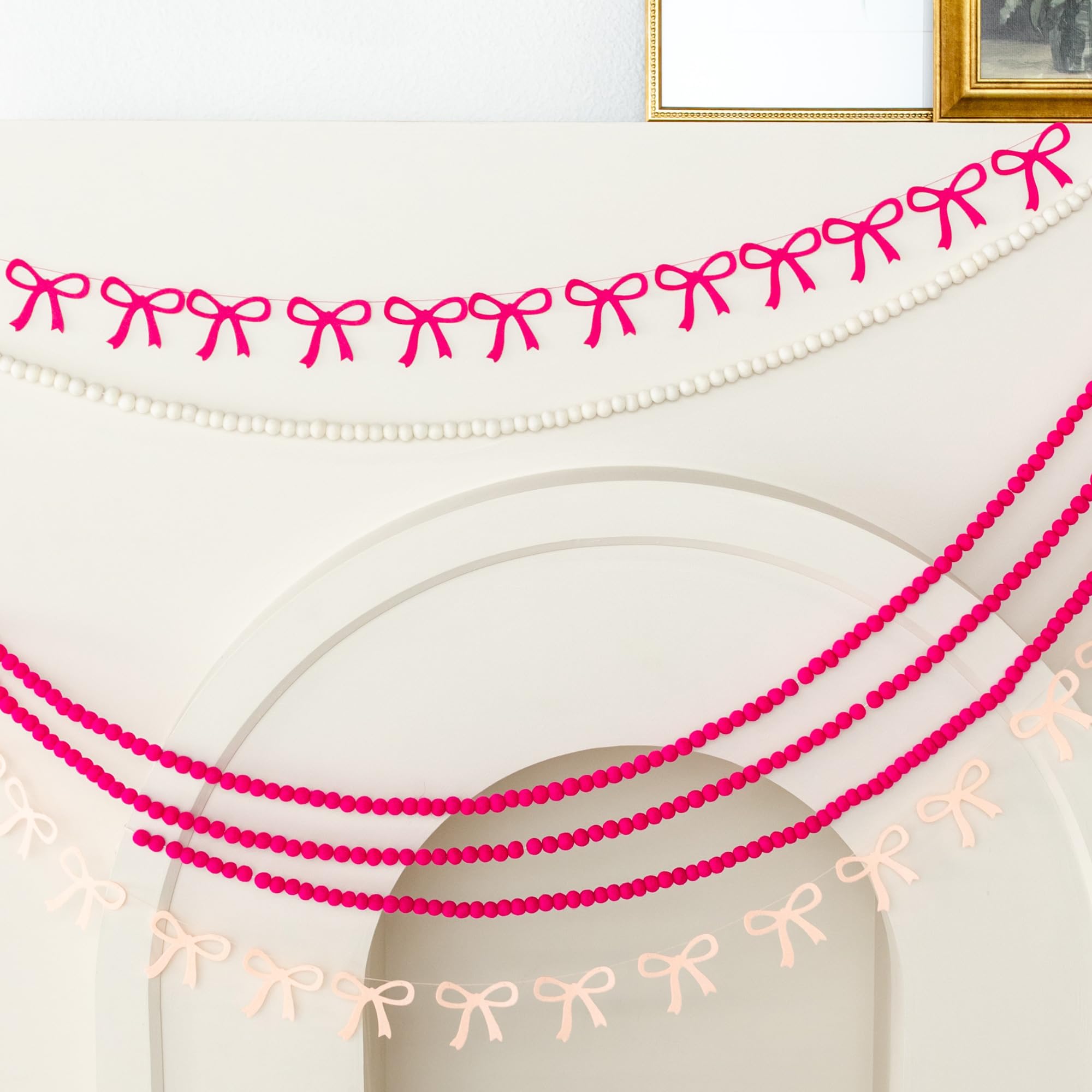 Pink Felt Bow Garland, Long Felt Christmas Bow Banner Birthday Decorations Pre-Strung (NO DIY!) 8 Feet of Pink Bows for Christmas Decorations,