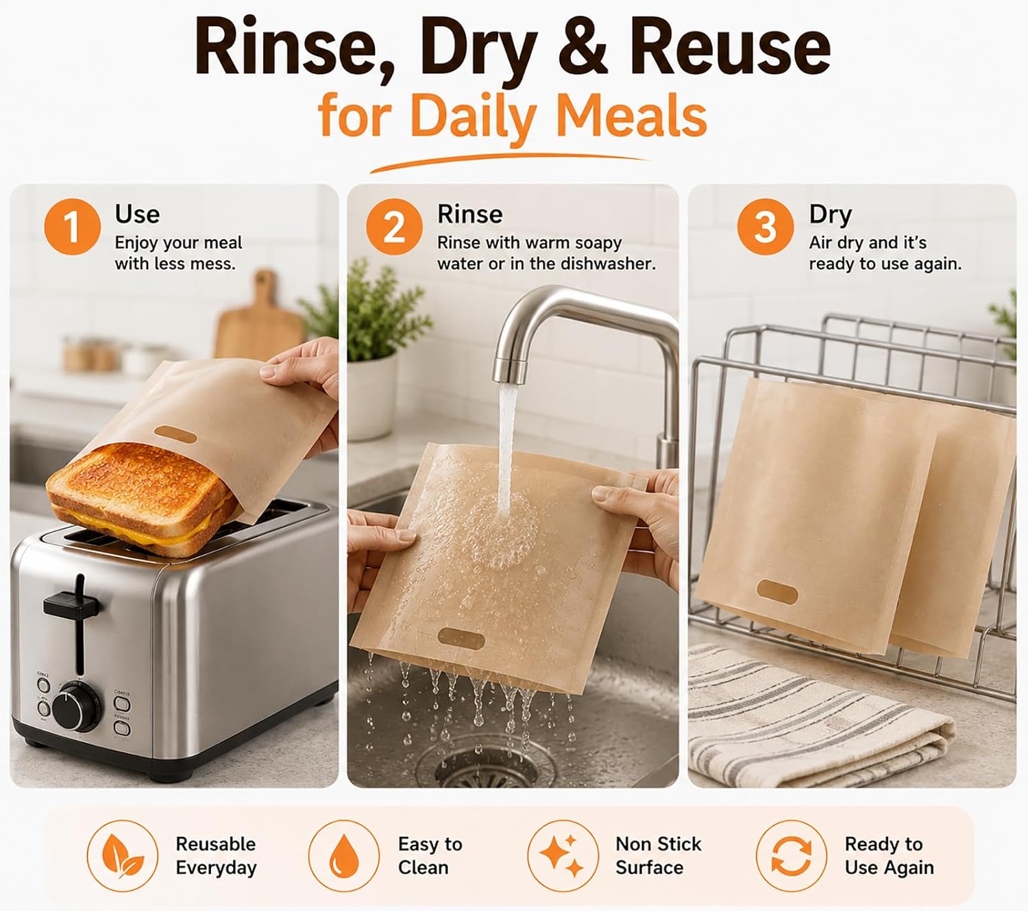 6 Pack Reusable Toaster Bags for Grilled Cheese Sandwiches, Non Stick Toast Bags 6.7 x 7.5 Inch, Heat Resistant Toastie Bags for Toaster, Oven, Microwave, Grill, Pizza, Pastries, Chicken Nuggets