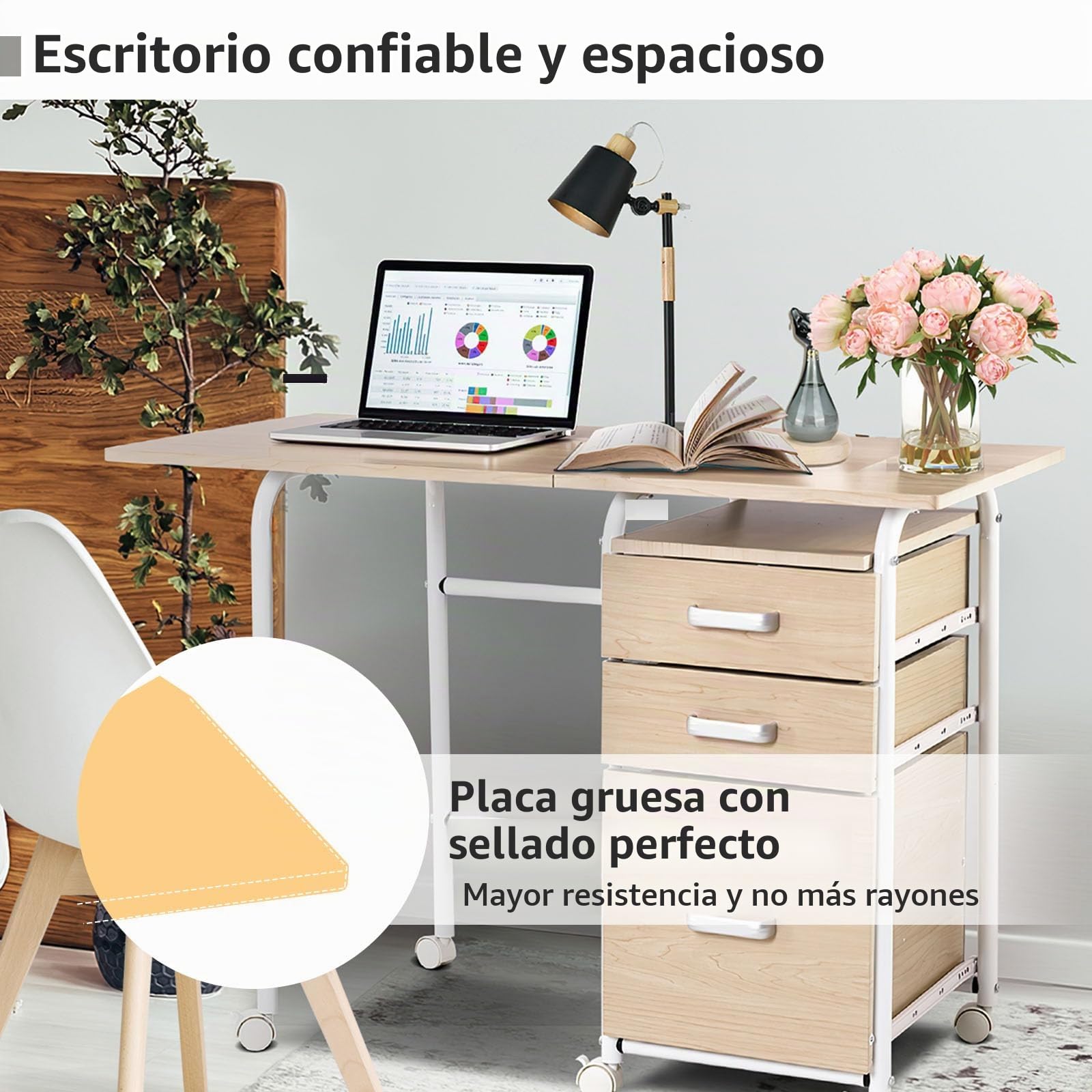 LIFEZEAL Escritorio Plegable con cajones y Ruedas (Natural)
