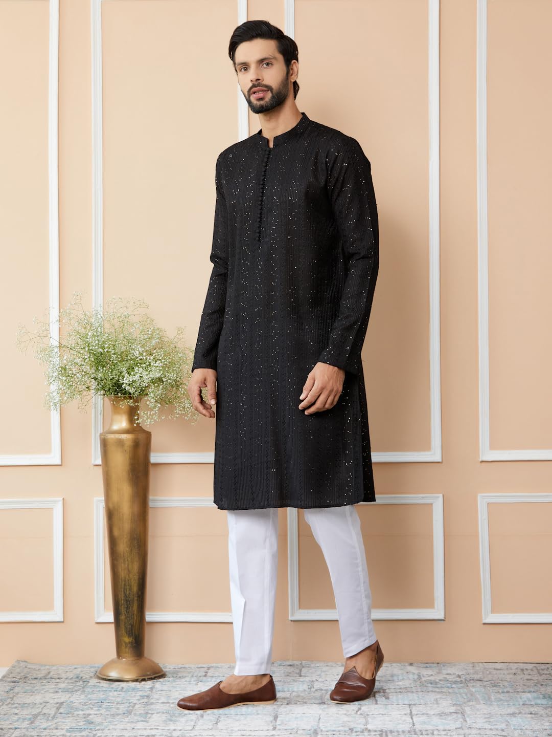 See Designs Men's Long Sleeve Mandarin Collar Side Slit Black Embroidered Thread Work Sequinned Chanderi Silk Straight Kurta - Sdkt2513Xxl