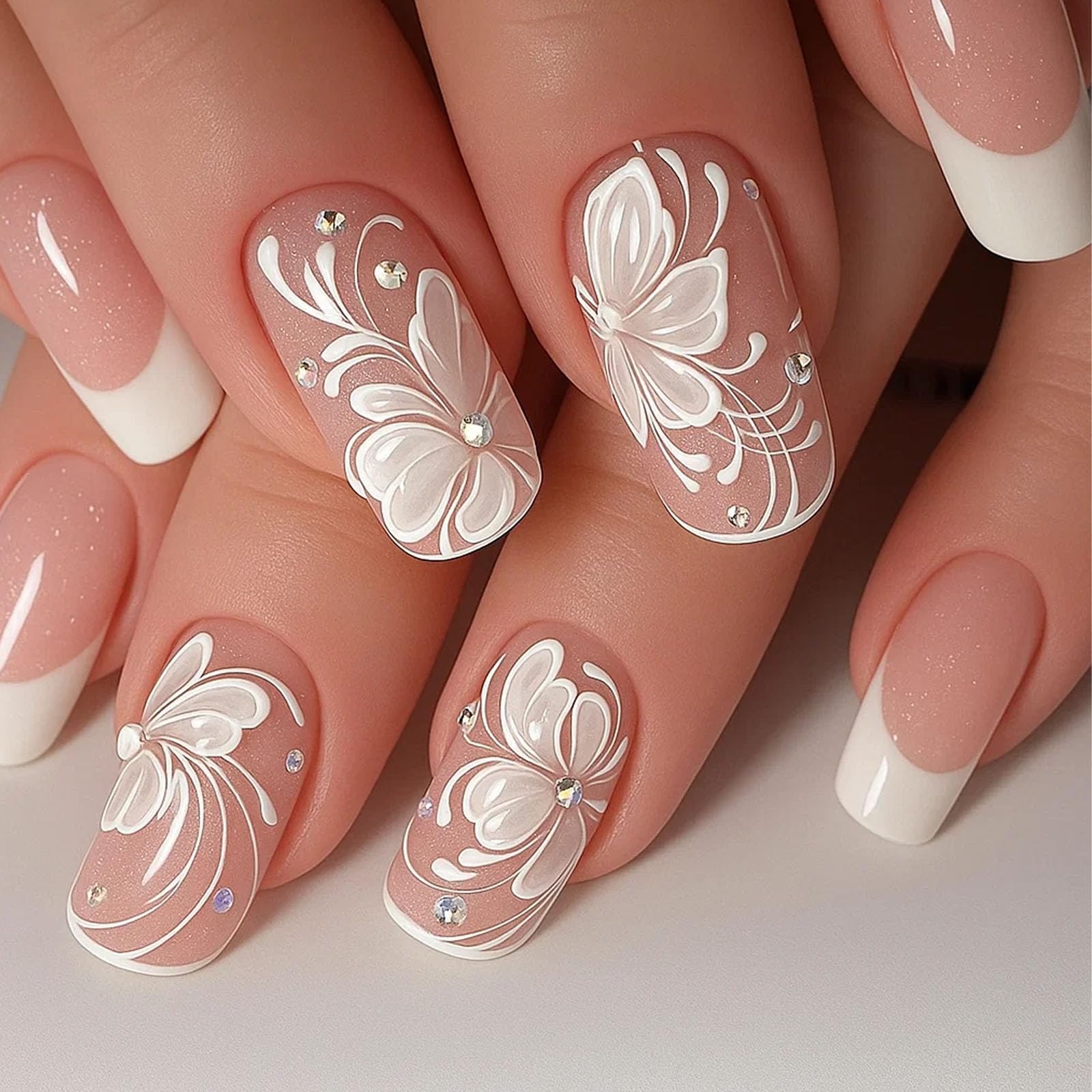 French Style White Tip Press-On Nail Kit with Floral Rhinestone Design - Image 2