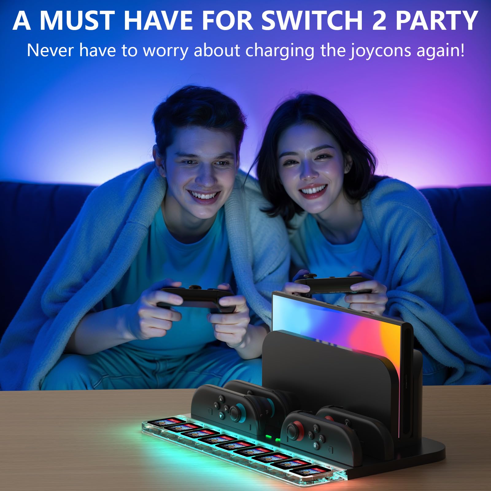 Caricatore Joycon per Nintendo Switch 2, Stazione di Ricarica per Controller Switch 2 con 7 Luci RGB/9 Memorizzazione Della Scheda di Gioco, Compatibile con 4 Joy Con