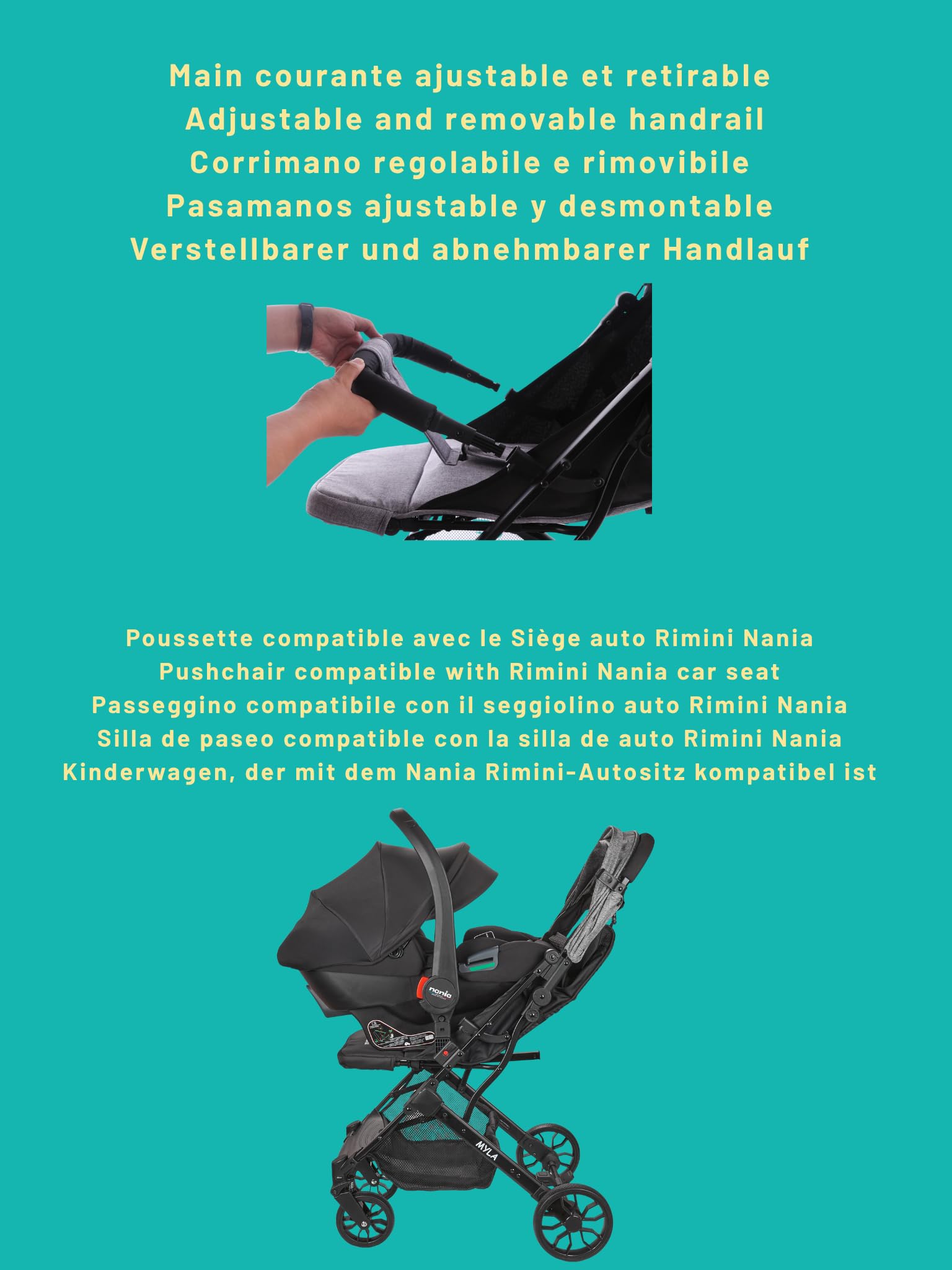 Nania Myla, poussette canne compacte, 0 à 4 ans (22kg max), légère (7,5 kg), poussette citadine, inclinable d’une main en position allongée, grand panier de rangement, avec trolley de transport