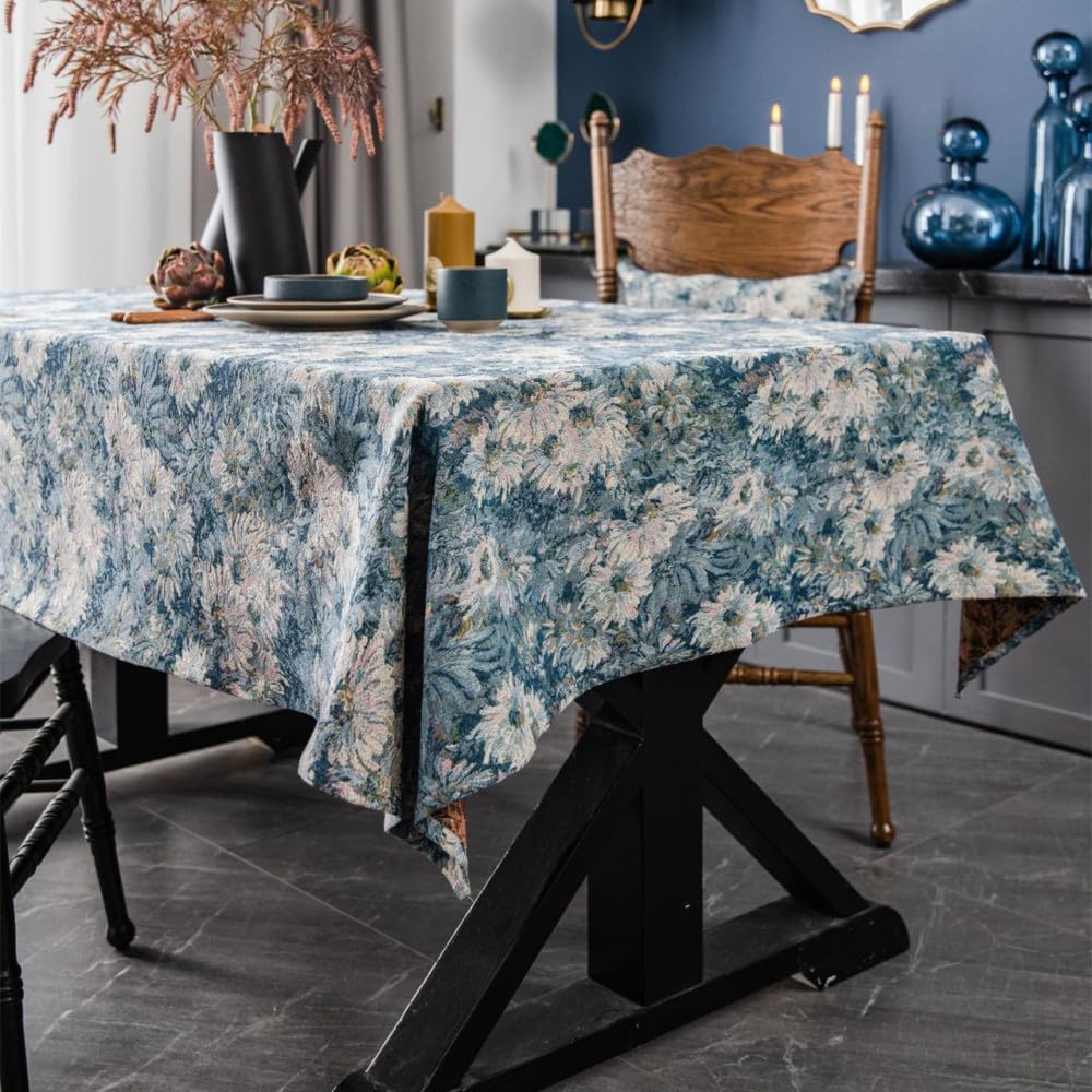 Nappe de Peinture à l'huile Jacquard Bleue 90x90 cm pour Table Basse de Cuisine