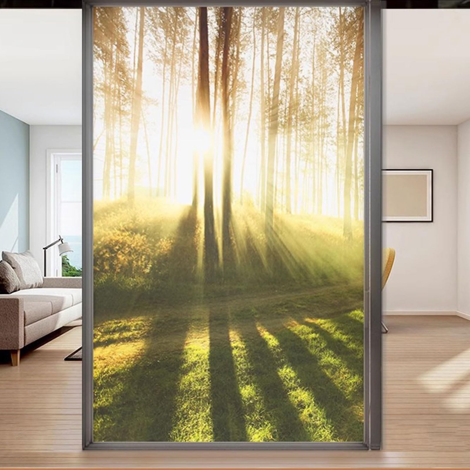 Wald 3D Fensterfolie Window Film Blickdicht Privatsphärefolie Fenster Dekorfolie Statisch Haftend Selbstklebende Glasaufkleber UV-Schutzfolie Ohne Klebstoff Abnehmbarer für Zuhause Büro Balkon