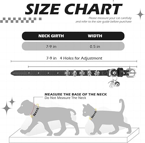 EXPAWLORER Halloween Cat Collar for Girl Boy- Adjustable Leather Pet Collar with Safety Elastic Belt,Personalized Punk Accessories Buckle Collars with Bell & Durable D-Ring, Skull(Black)(Black (Skull),7"-9")
