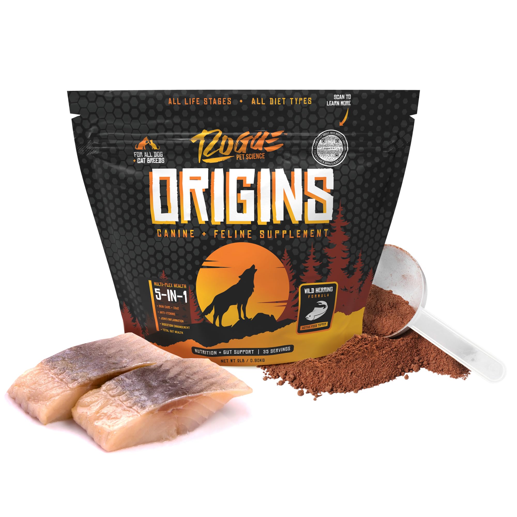 Origins 5-in-1 Dog Supplement - Powdered Food Topper w/Natural Omega 3 Fish Oil - Supports Healthy Digestion, Skin, and Coat - Helps Reduce Itching & Joint Inflammation (2 lbs)