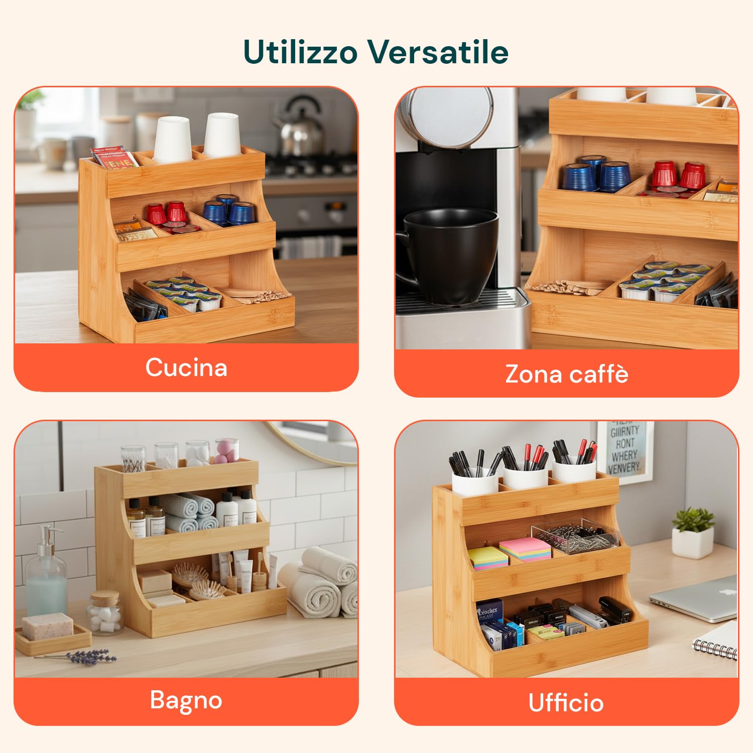 Avilia Organizer in Bambù con 9 Scomparti – Porta Capsule Caffè e Portacialde, Alzatina Cucina Salvaspazio per Bustine Tè, Tisane e Zucchero – Contenitore Multiuso per Cucina, Ufficio e Bagno