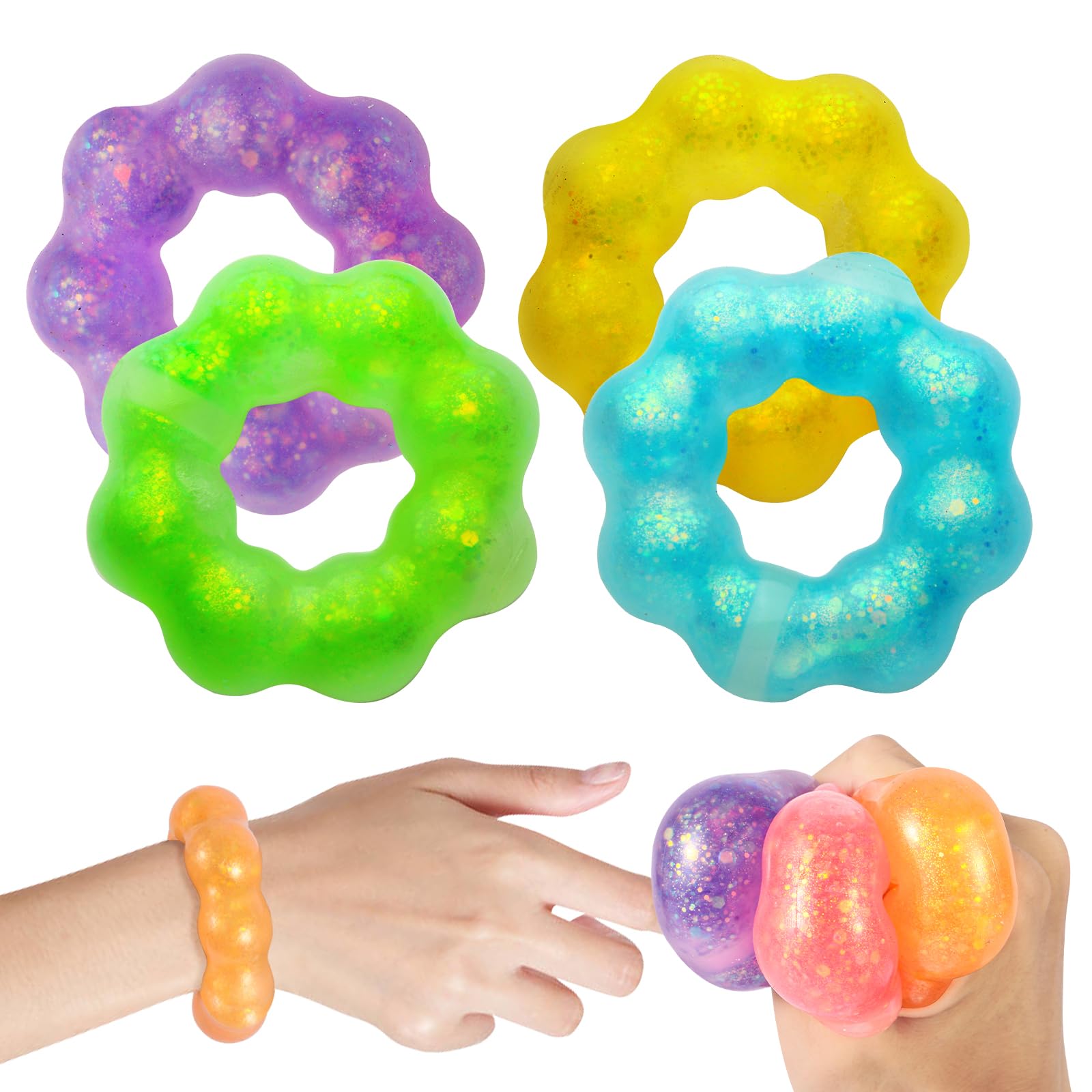 4-Pack Squishy Toys, Wearable Bracelet Stress Balls Fidget Toys, Soft Donut Stress Relief Sensory Toy for Kids Adults, Squeeze Balls Stress Toys for Party Favors Goodie Bags Stuffers