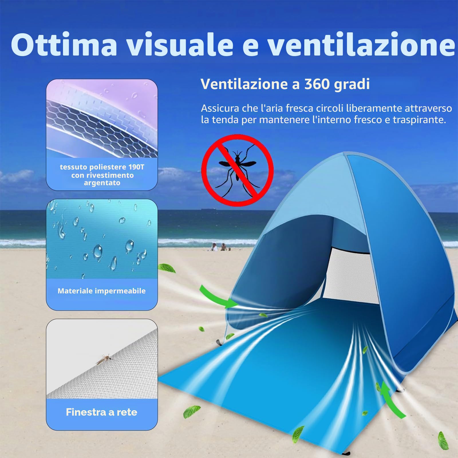 Tenda da Spiaggia Pop Up 1-2 Persone, Protezione Solare UV UPF 50+, Leggera con Borsa