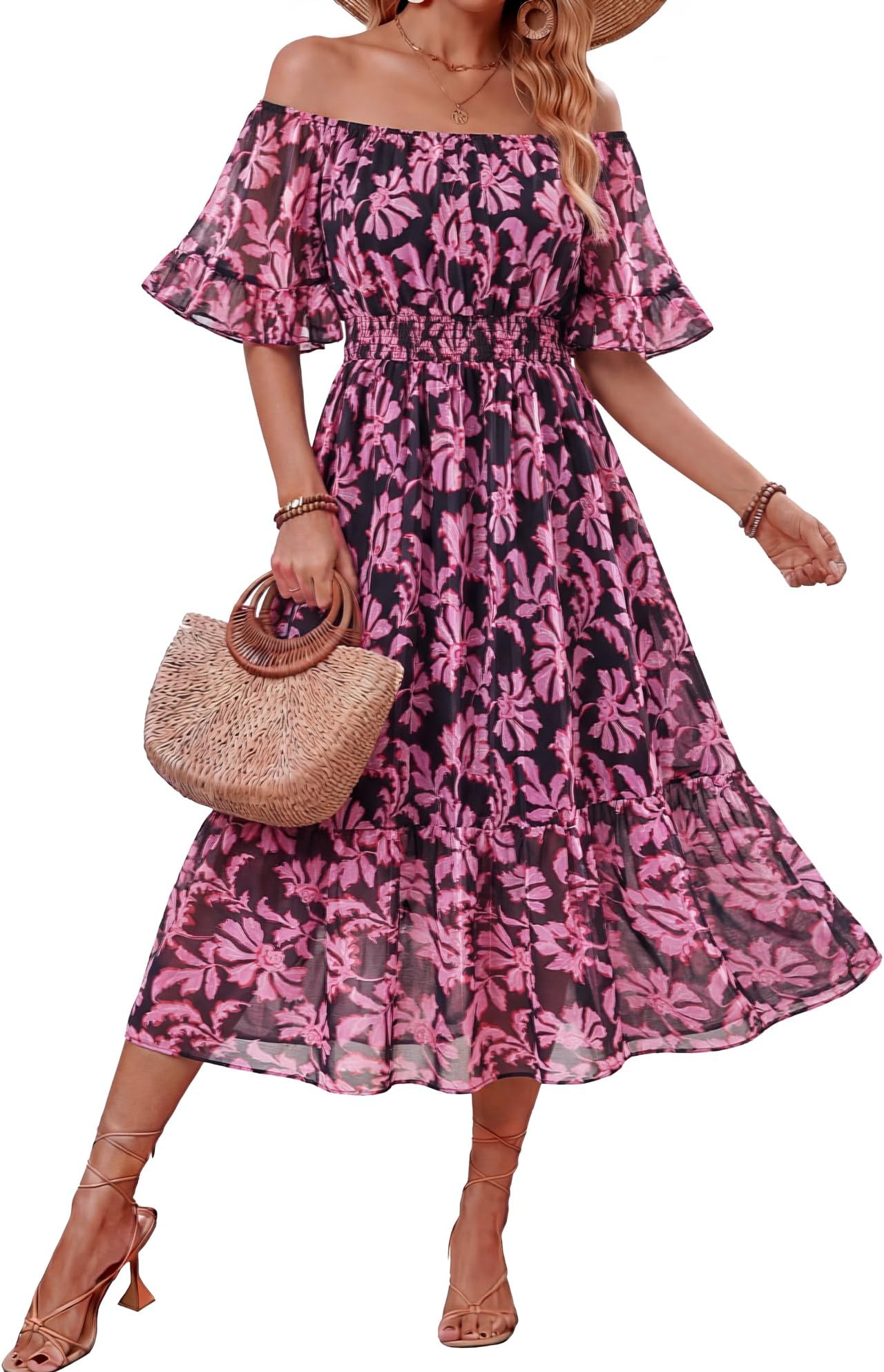 Women's Summer Boho Off Shoulder Midi Dress Ruffle Sleeve Smocked Elastic Waist Flowy Dresses
