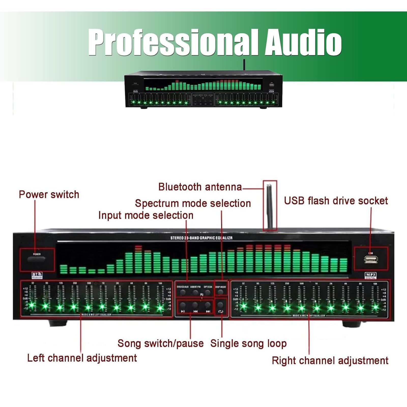 31-Band-Digital Equalizer, Audio Visualisierer Mit LED Spektrumanzeige, Musikspektrumanalysator, Rauschunterdrückung, Bluetooth 5.4, Für Bühne,Tonstudio, Studio