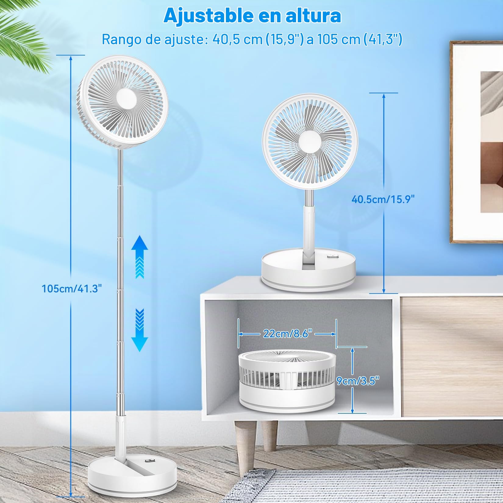 Ventilador de Pie Portátil Plegable, 8.6" 8000 mAh Recargable Bateria