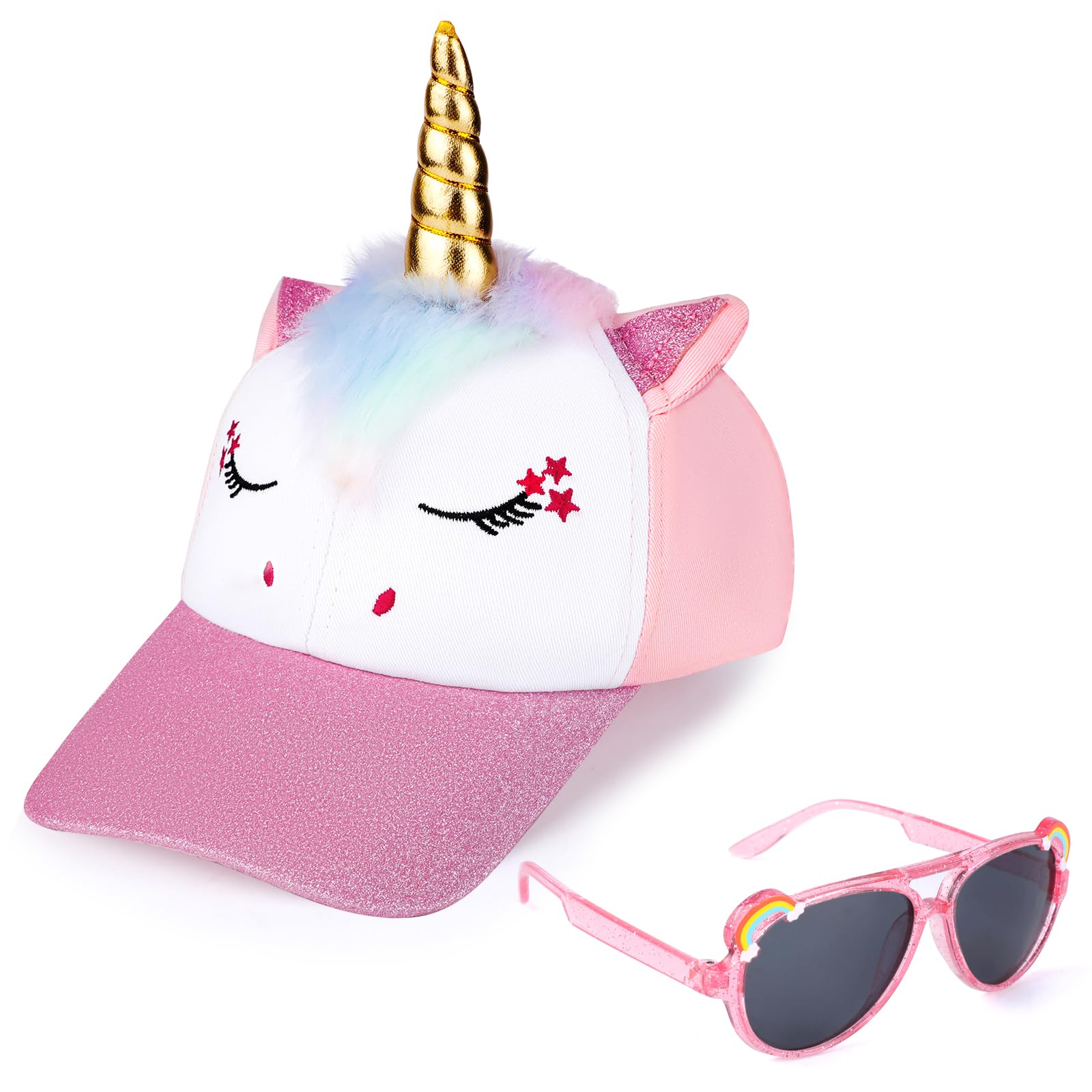 Girls Baseball Cap Kids Sunglasses Set,Adjustable Sun Hat Sequin Cat Ear Hat Cute Toddler Cap for Girls Ages 3-10Y(Pink)