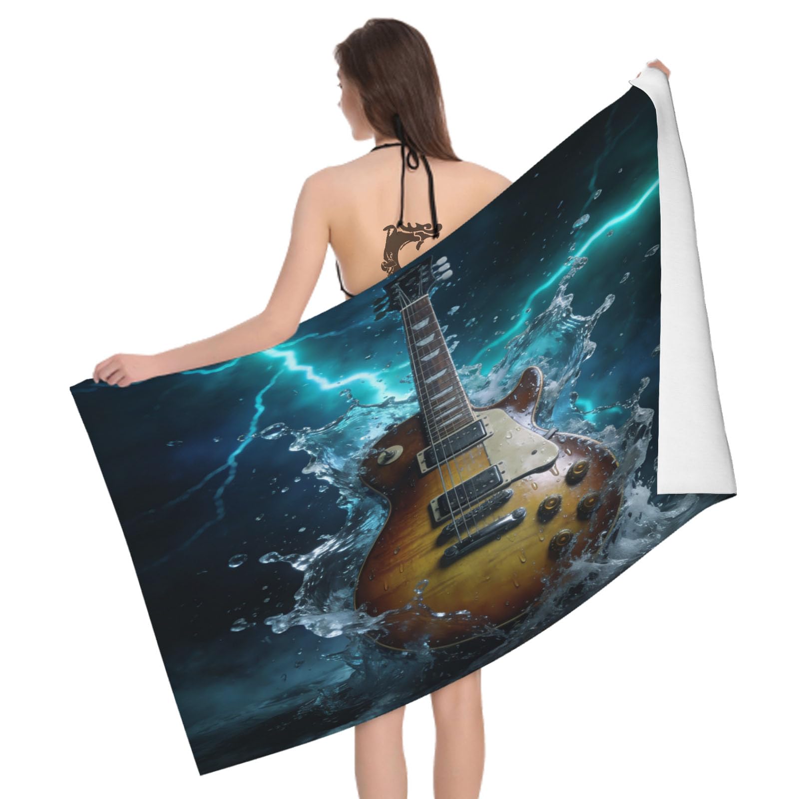 Leichong 3D Vintage Guitar Beach Towel Large Microfiber Soft Quick Dry for Adults, Rock Theme Bath Towel Lightweight Soft Absorbent for Travel Swimming Pool Sports, 180 x 90 cm