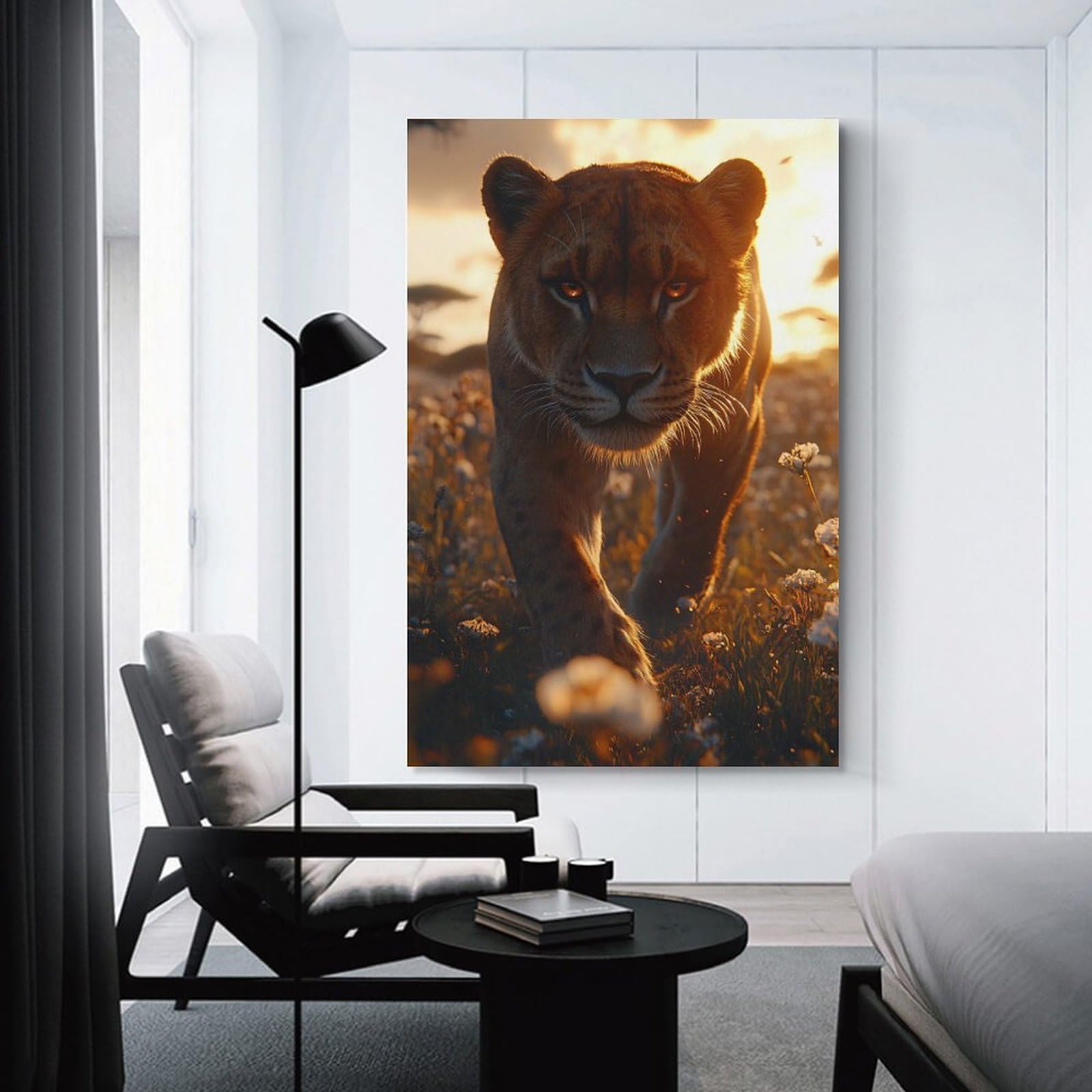 Junmoney Unframe-Style-18 Lioness Walking Through Field At Sunset Hanging Wall Art 16X24inch(40X60cm), For Small Homes, Bedrooms Or Open Spaces, An Easy Choice For New Home Styling