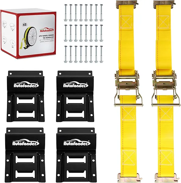 Autofonder Wheel Chock Tie Down Kit (4,500lb Break Strength) Heavy Duty Trailer Tire Straps System for ATV, UTV, Lawn Mower & More - Ratchet Tie Downs Accessories with E Track for Four Wheeler