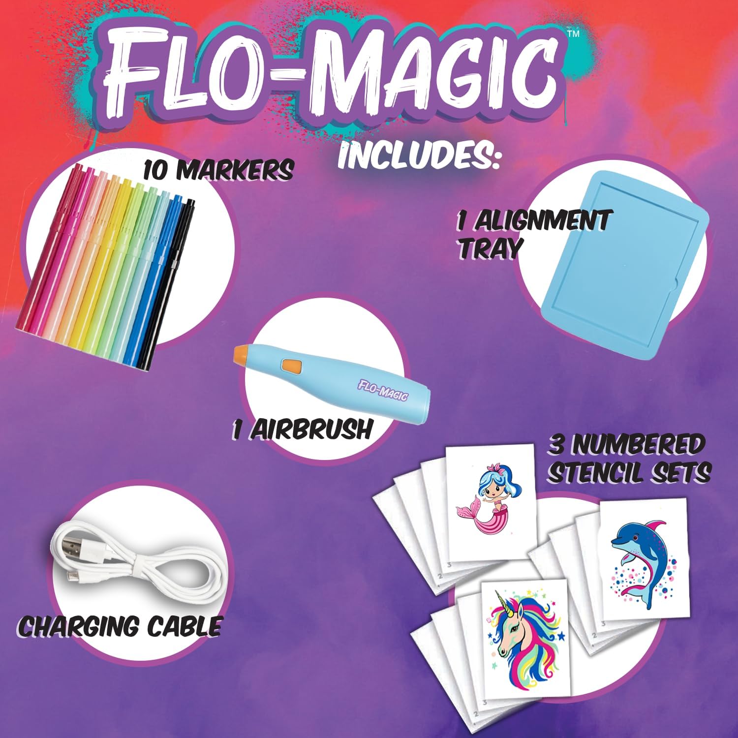 Flo-Magic Enchanted Airbrush Marker Stencil Art Kit- Unicorn, Mermaid, Dolphin- Washable Non-Toxic, Rechargeable- Craft kit for Kids Age 5 6 7 8 9 10