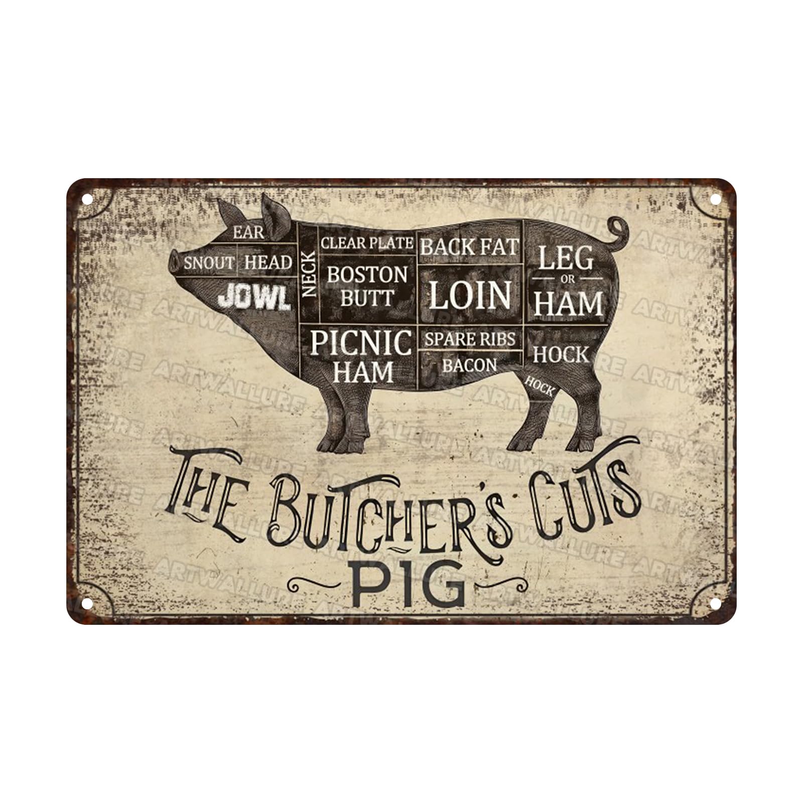 Pig Vintage Tin Sign The Butcher's Cut Pig Metal Tin Sign for Market and Meat Shop Farmhouse and Kitchen Decoration 8x12inch