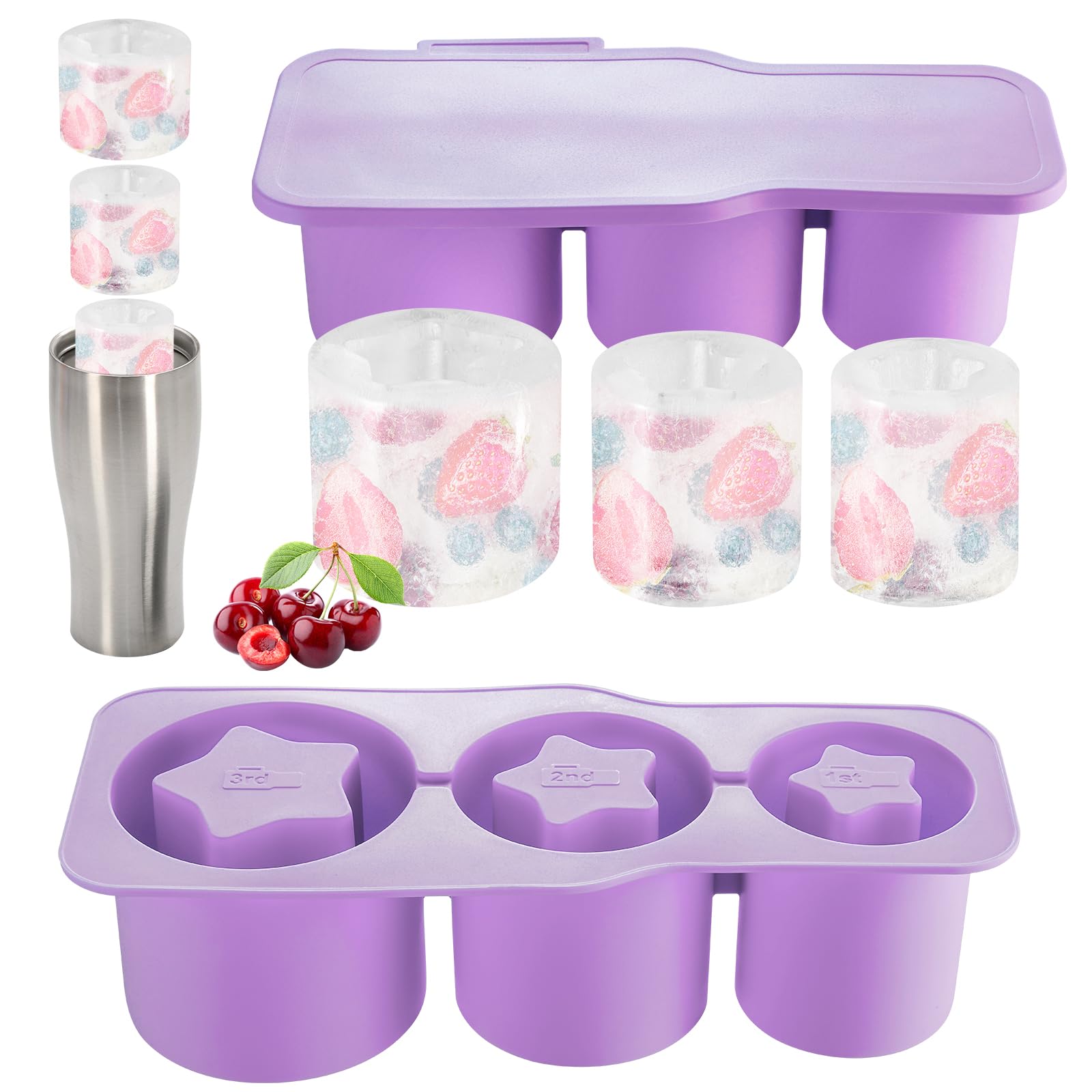 Ice Cube Tray for Tumbler, Ice Cube Mold, 3 Pcs Silicone Hollow Star Ice Mold with Lid for Freezer, Ice Drink, Juice, Whiskey, Cocktail, Compatible with 40Oz Tumbler (Purple)