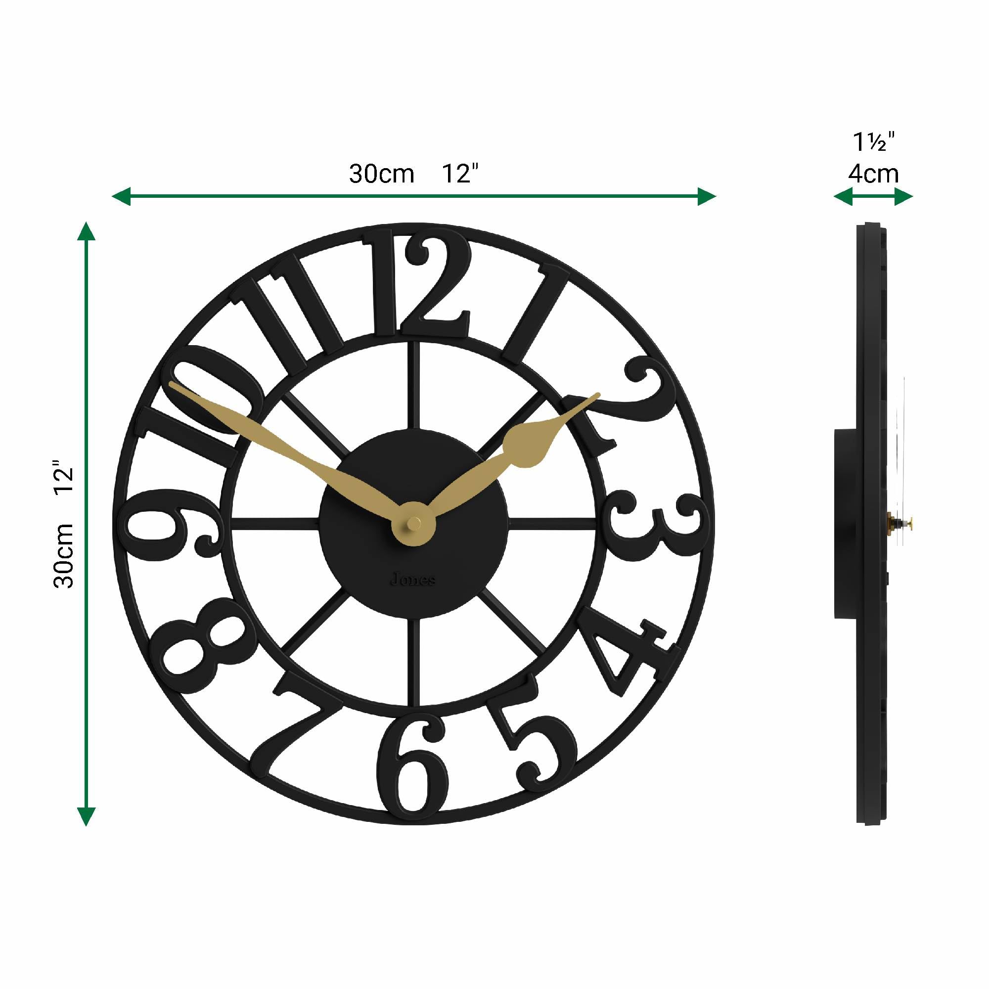 JONES CLOCKS® Lighthouse Reloj de Pared | Reloj Esqueleto escultórico | Negro | Elegantes números en Relieve Moldeados | Diseño Decorativo Ideal para Cocina, salón o Dormitorio