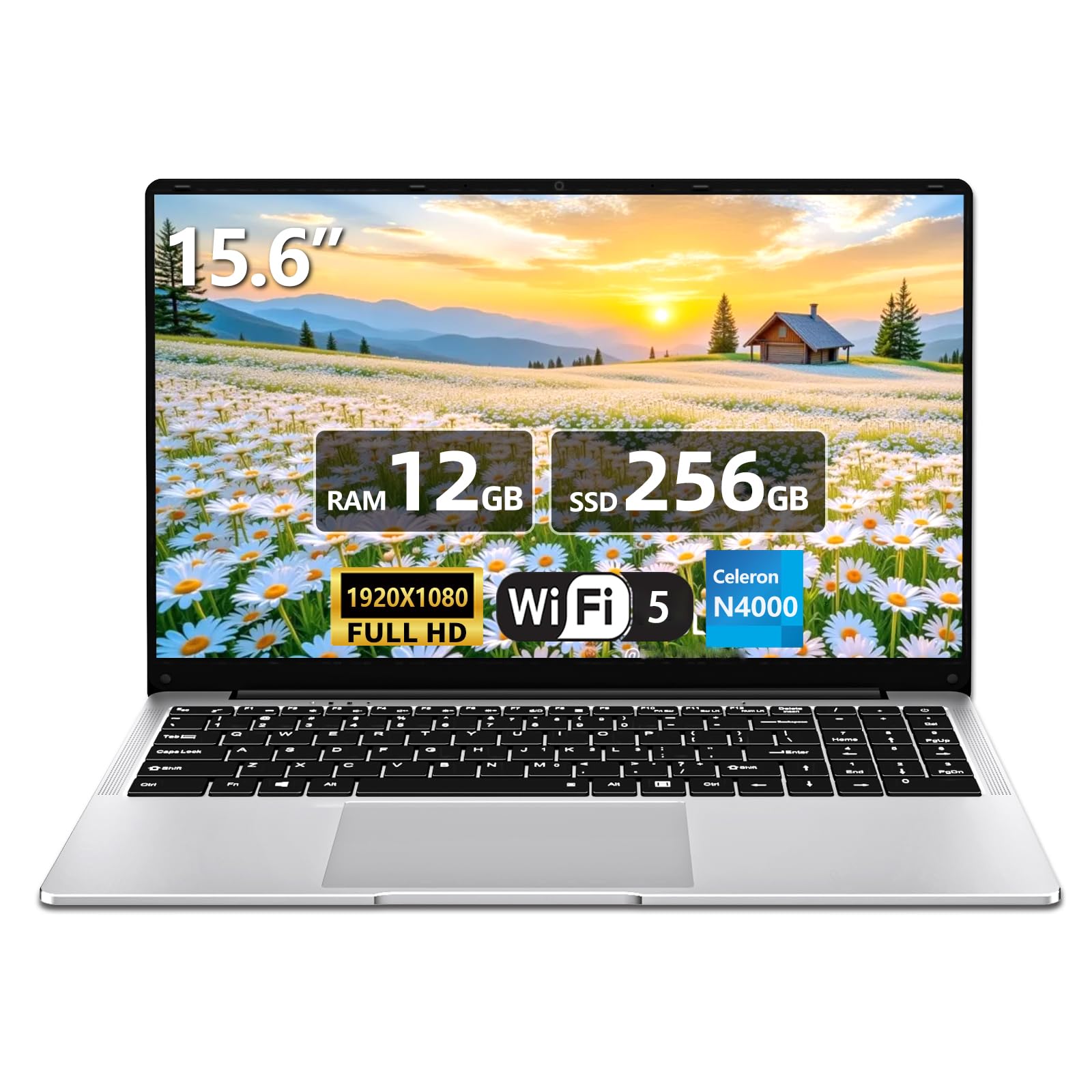 PC Portatile da 15,6 pollici, Computer portatile Celeron N4000, laptop 12GB RAM 256GB SSD, notebook Full HD 1920 x 1080, apertura e chiusura a 180 gradi, WiFi 5, Mini HDMI, TF Card Slot, USB3.0, BT4.2