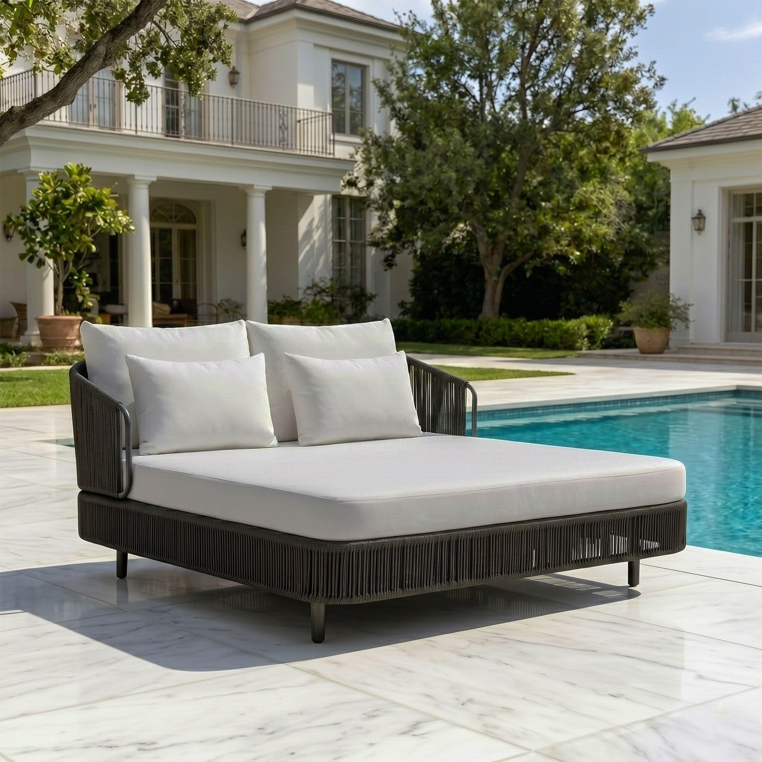 DEVOKO Outdoor 1-Piece Modular Rope Daybed Conversation Set Comfortable Seating for Terrace, Patio, Beach, Weather-Resistant Cushions (Grey and White)