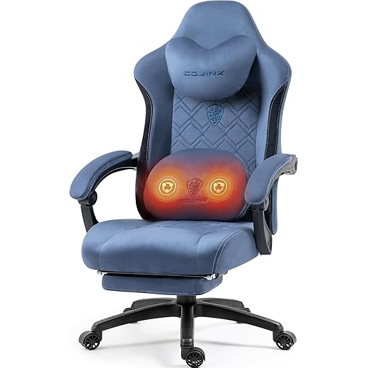 Dowinx Fabric Gaming Chair with Heated Massage Lumbar Support, Breathable Fabric Big and Tall Gaming Chair with Footrest and Pocket Spring Cushion, High Back Computer Gamer Chair for Adult, Blue