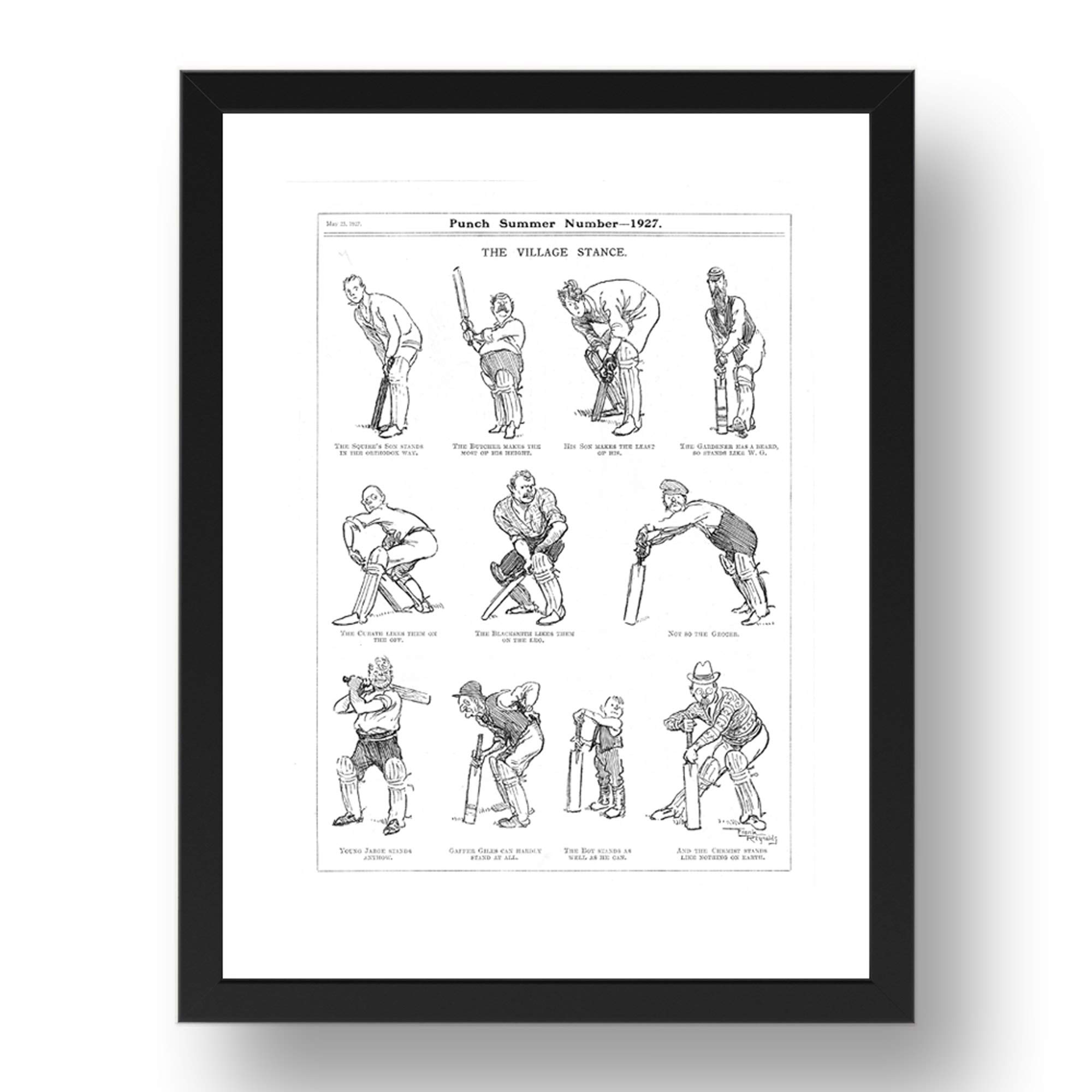 Period Prints The Village Stance, Charming Cricket sketches, historic, 1927, historic print, A3 reproduction in 17x13 Black Frame