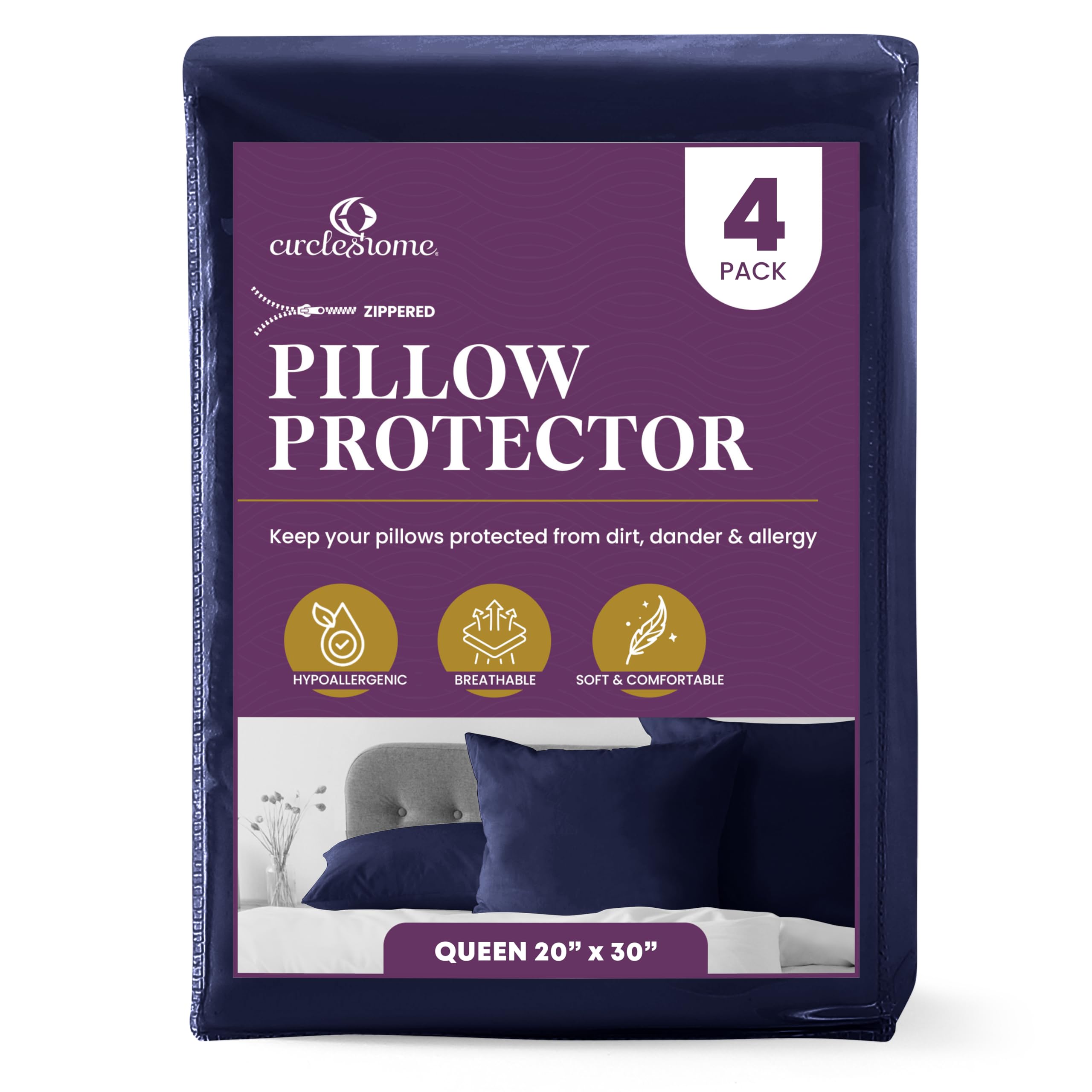 CirclesHome Pillow Protectors Queen Size Set of 4 with Zipper, Cotton, Navy