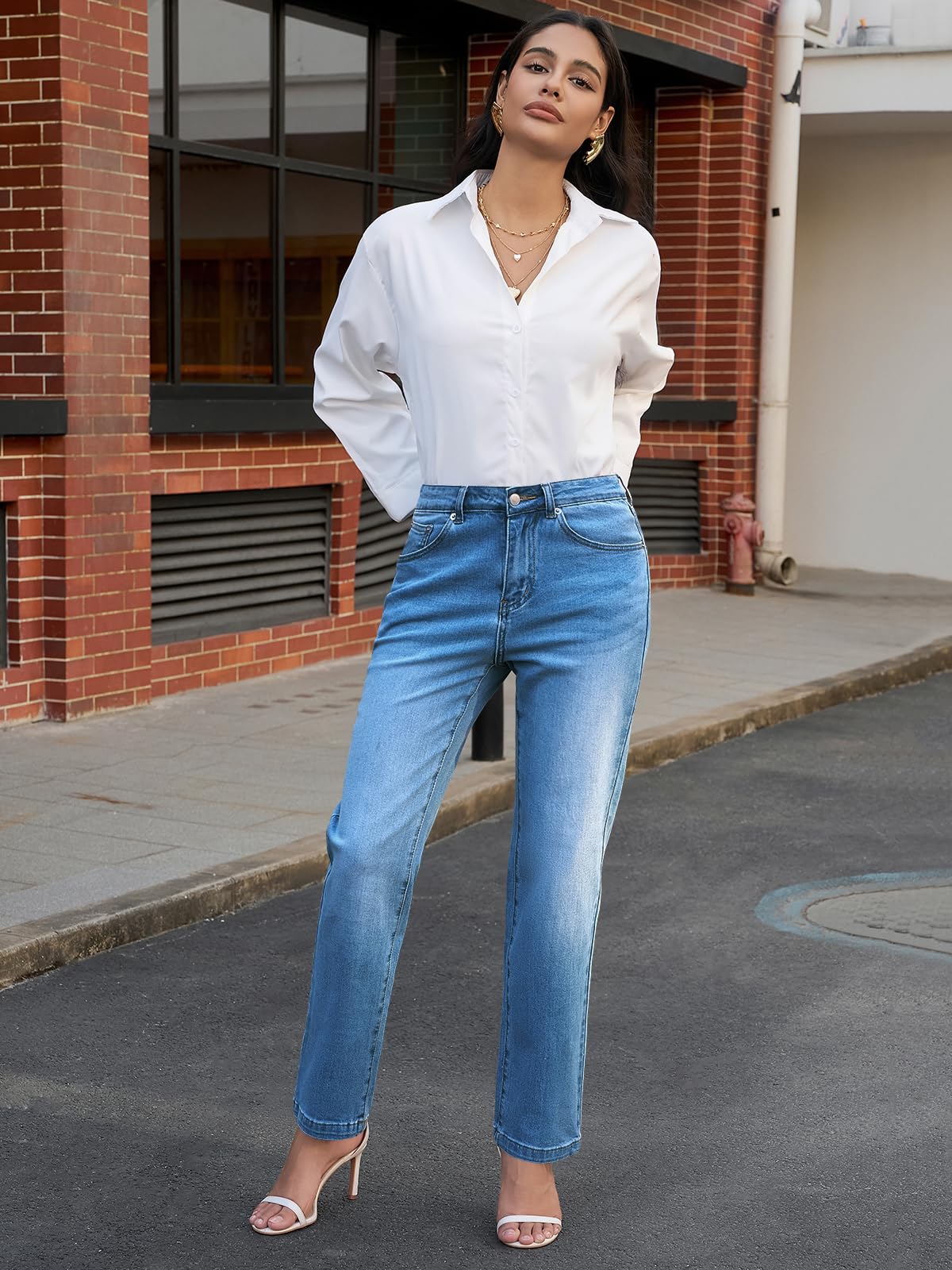 Cicy Bell Jeans da donna, taglio dritto, in denim, a vita media, con tasche