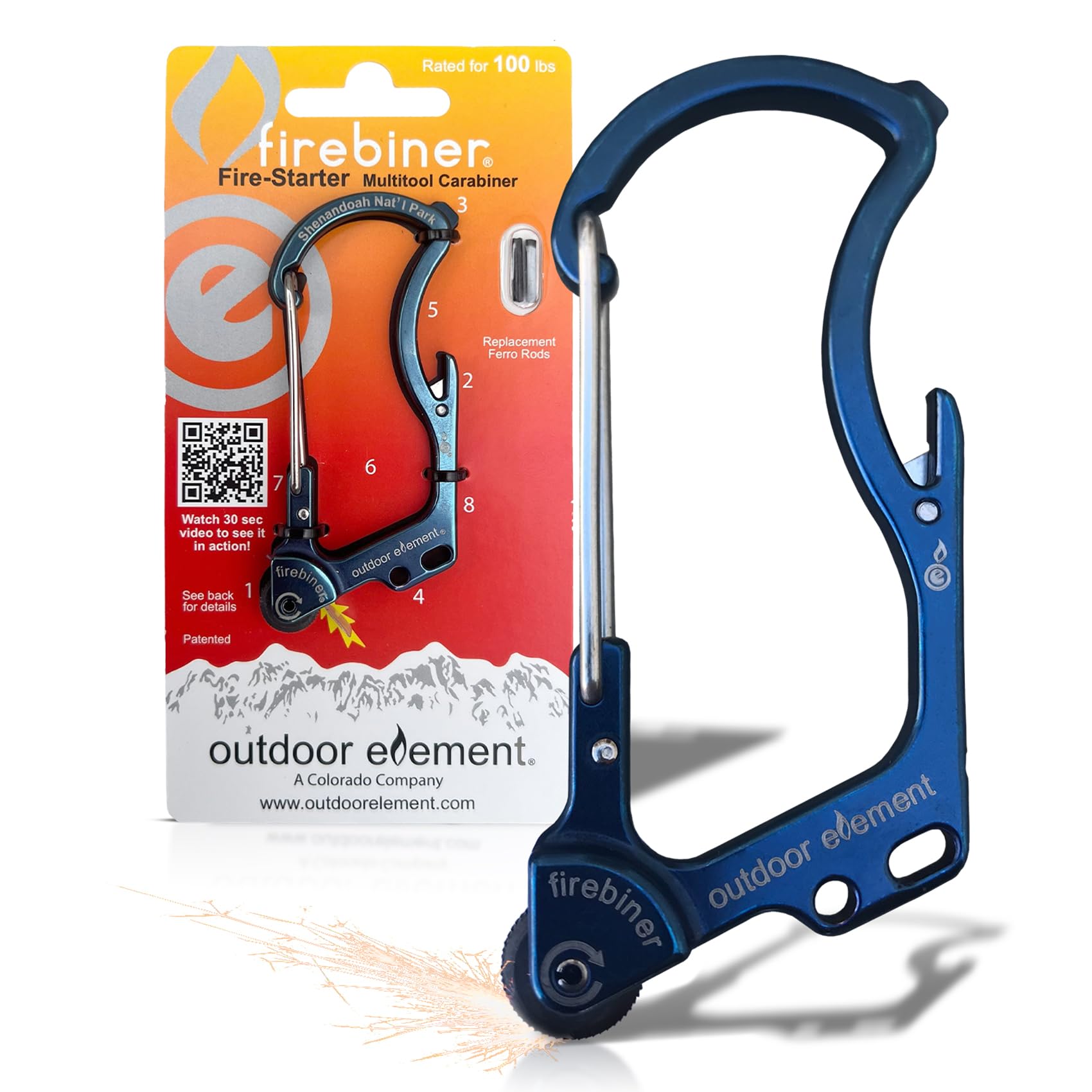 OUTDOOR ELEMENT Firebiner 6-in-1 Fire-Starting Carabiner EDC Emergency Multitool -Keychain,Utility Blade,Bottle Opener,& More