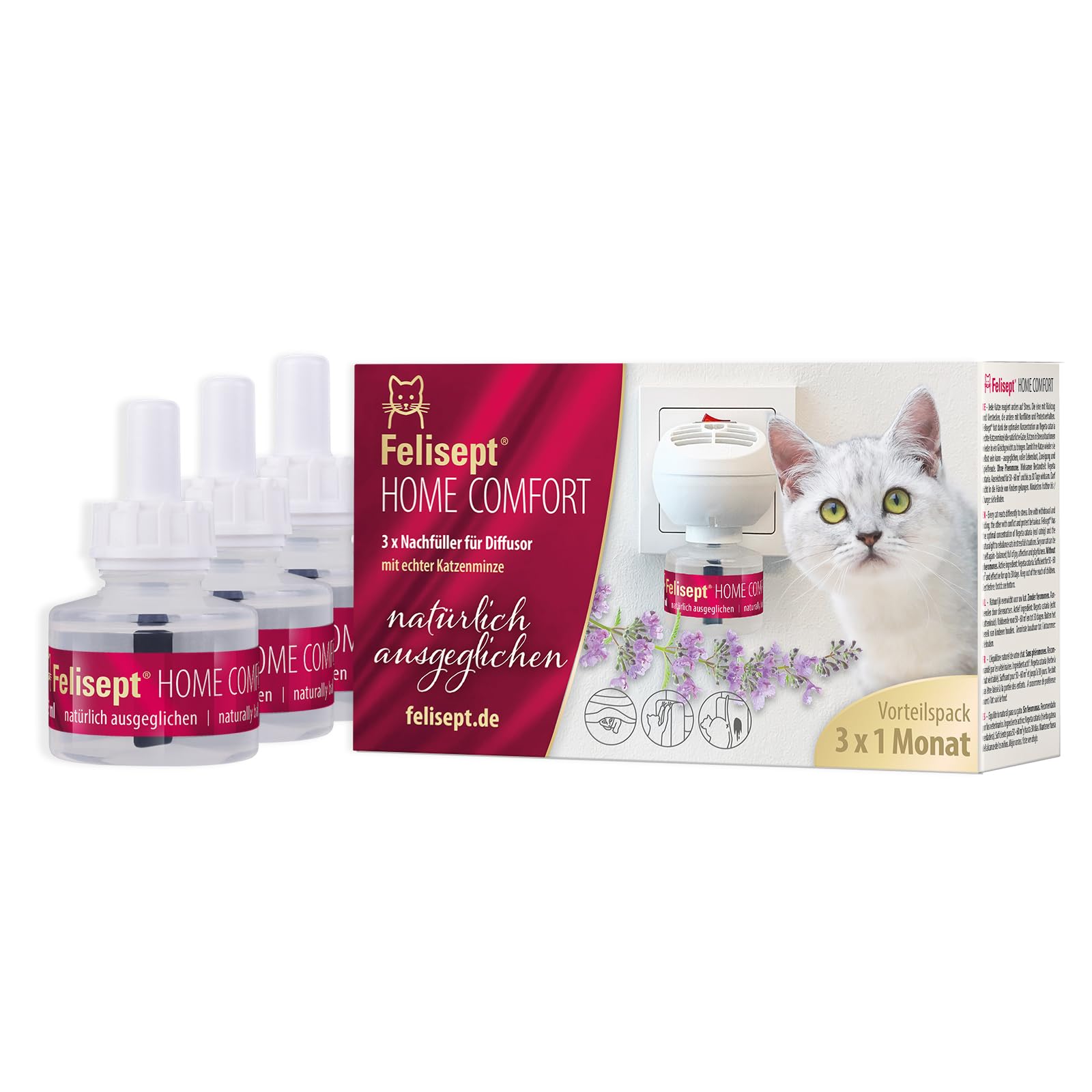 Felisept Home Comfort Repuestos 3x 45ml - Con Hierba Gatera Natural sin Feromonas para gatos - Reduce El Comportamiento Indeseable, El Estrés Y La Inquietud En Casa - Relajación Para Los Gatos
