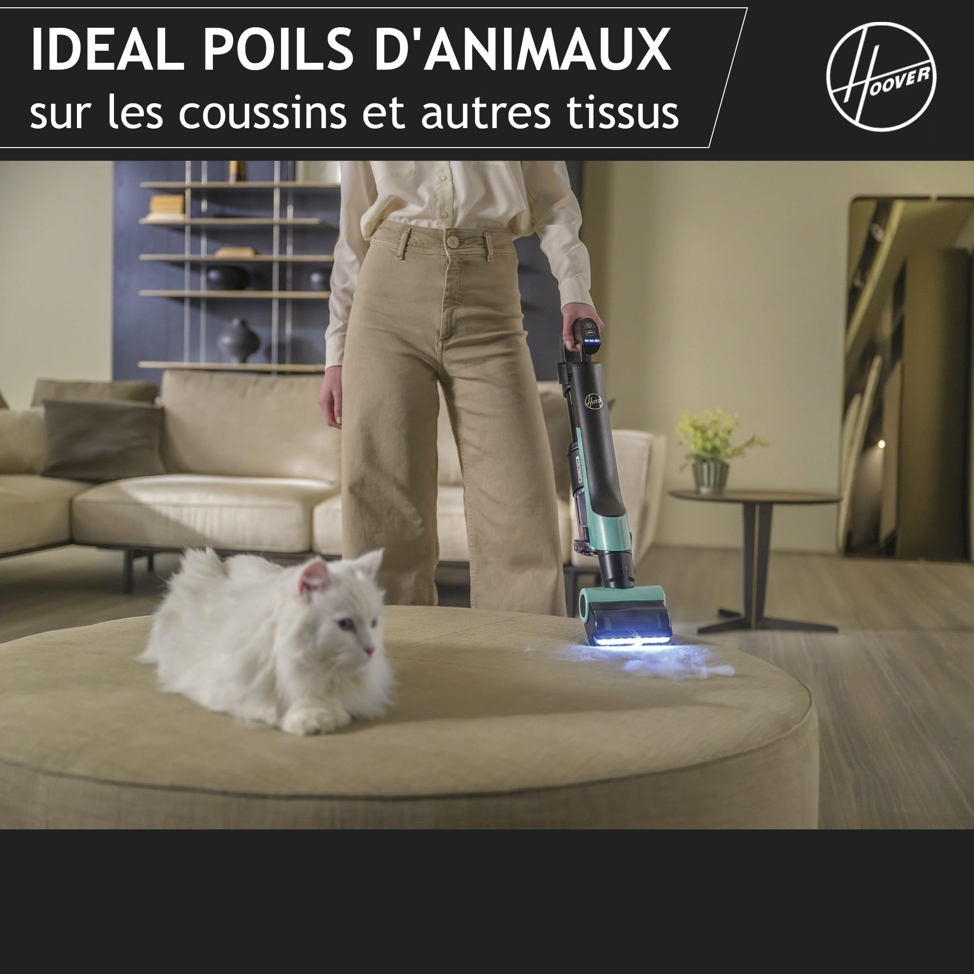 Hoover Ultra-léger HF201P Aspirateur Balai sans Fil, Turbobrosse Spécial Animaux, Technologie Ultra Compact x3, 1L, Puissant 50AW, 40 Min, Brosse Sols durs Anti-Twist, Eclairage LED, Noir & Ver