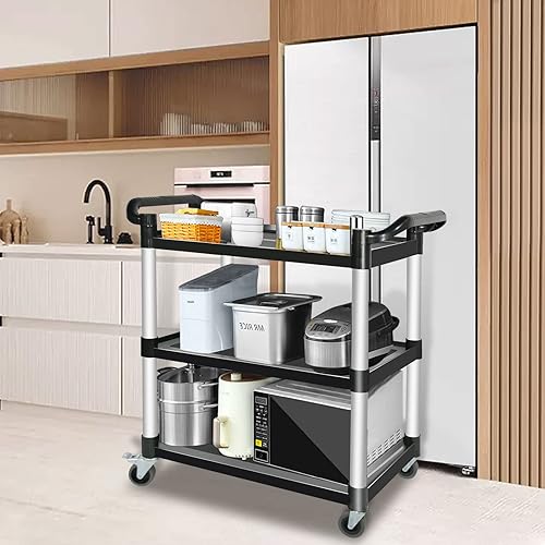 Miniatura 6 de Carros utilitarios de plástico con ruedas, carrito de restaurante de 3 niveles, carrito de servicio de alimentos resistente 420 libras, carrito de