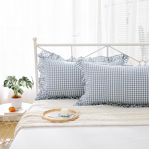 Miniatura 7 de Paquete de 2 fundas de almohada de tamaño King con volantes, 100 % algodón, estilo de casa de campo, para cama o sofá (20 x 36 pulgadas, cuadros de