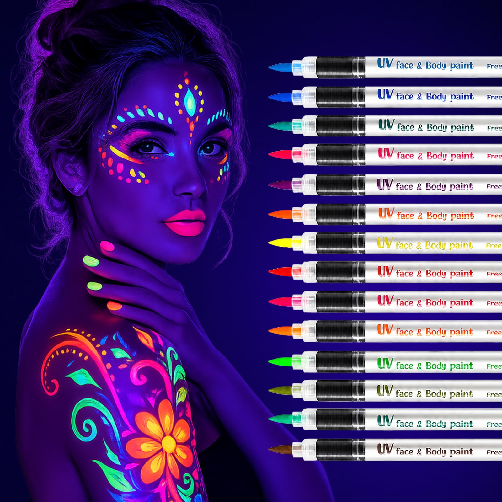 14 Colors Glow in The Dark Body & Face Paint, Neon Face Paint Pens - Washable UV Black Light Markers for Kids Adults Nails, Halloween Festival Party Supplies, Temporary Tattoo Markers for Skin 14 multicolor